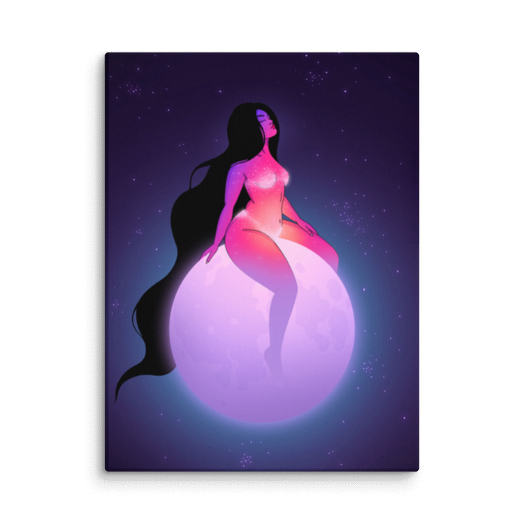 Long-haired woman sitting on a moon. Art is Moonglow by Robin Eisenberg