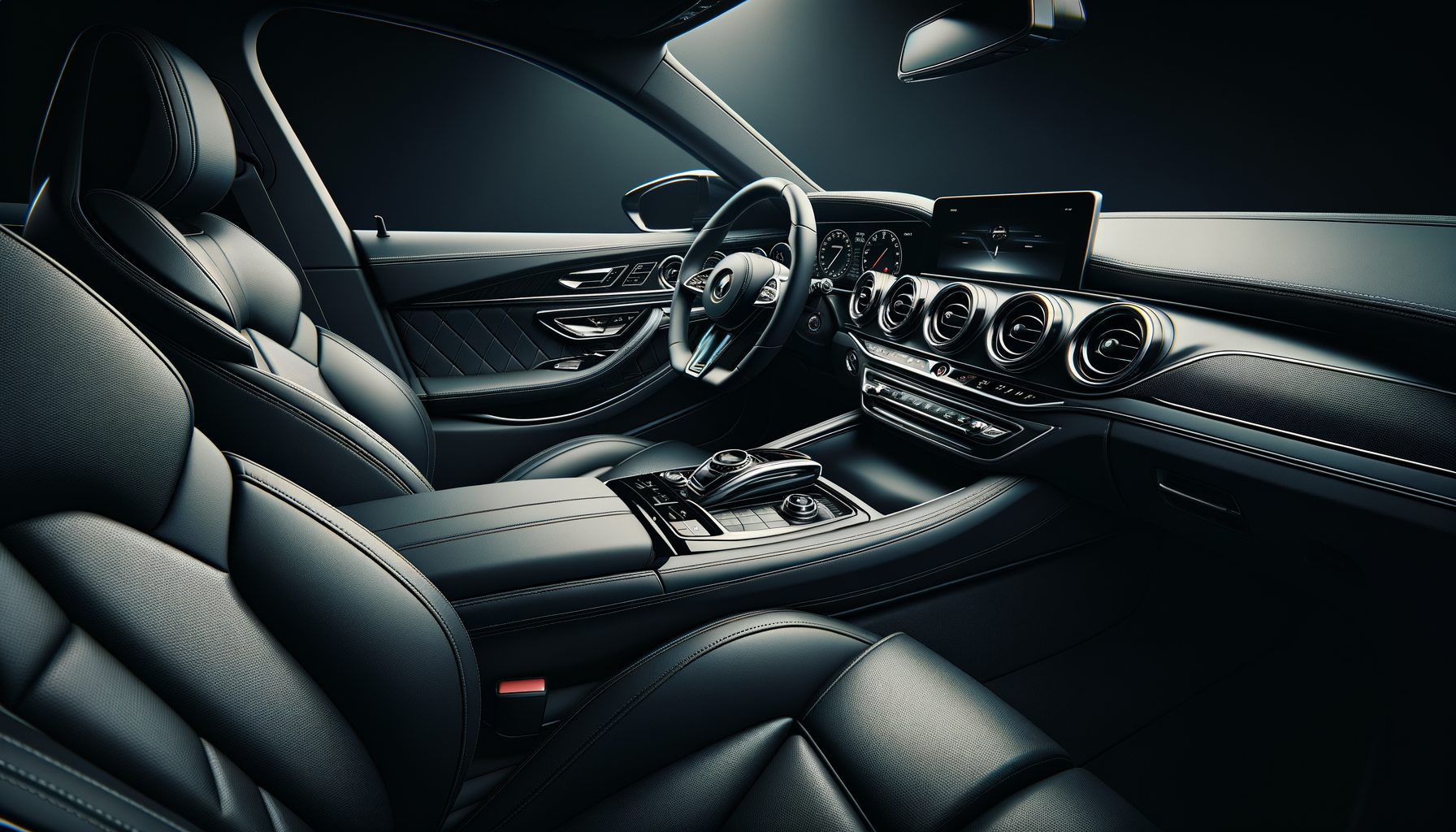 Interior of a luxury car with black leather seats, a steering wheel, a digital dashboard, and a center console with various controls.