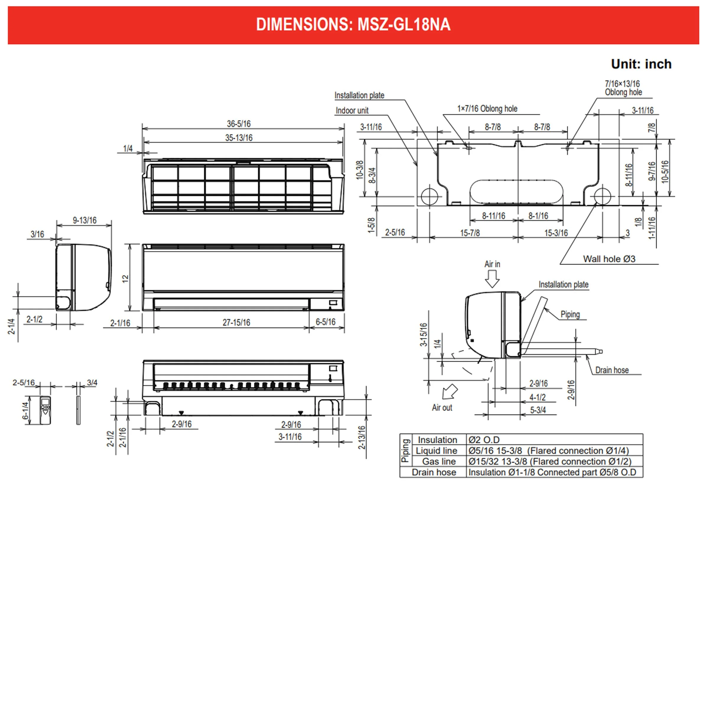 Mitsubishi Premier 18,000 BTU Wall-Mounted Indoor Unit (MSZ-GL18NA)