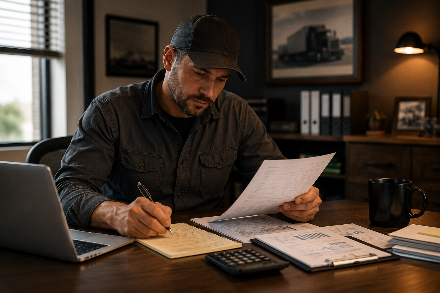 Freight dispatch professional reviewing load documents, carrier paperwork, and transportation logistics to maximize efficiency and profitability.