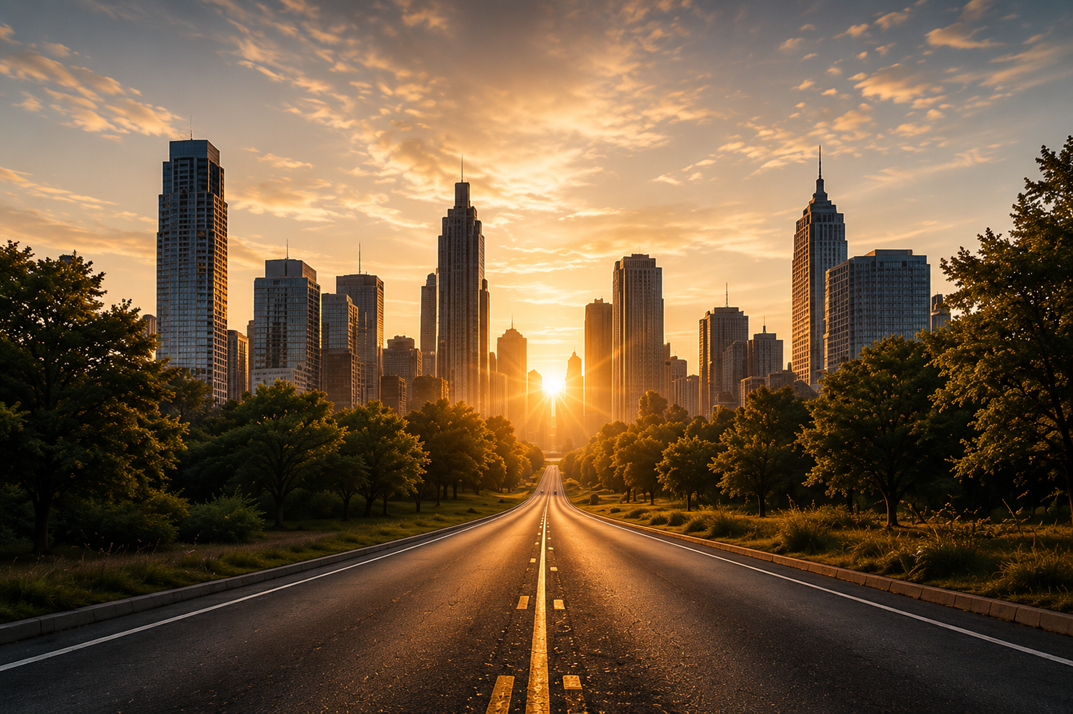Pathway to business growth, financial freedom, and new opportunities represented by a modern city skyline.