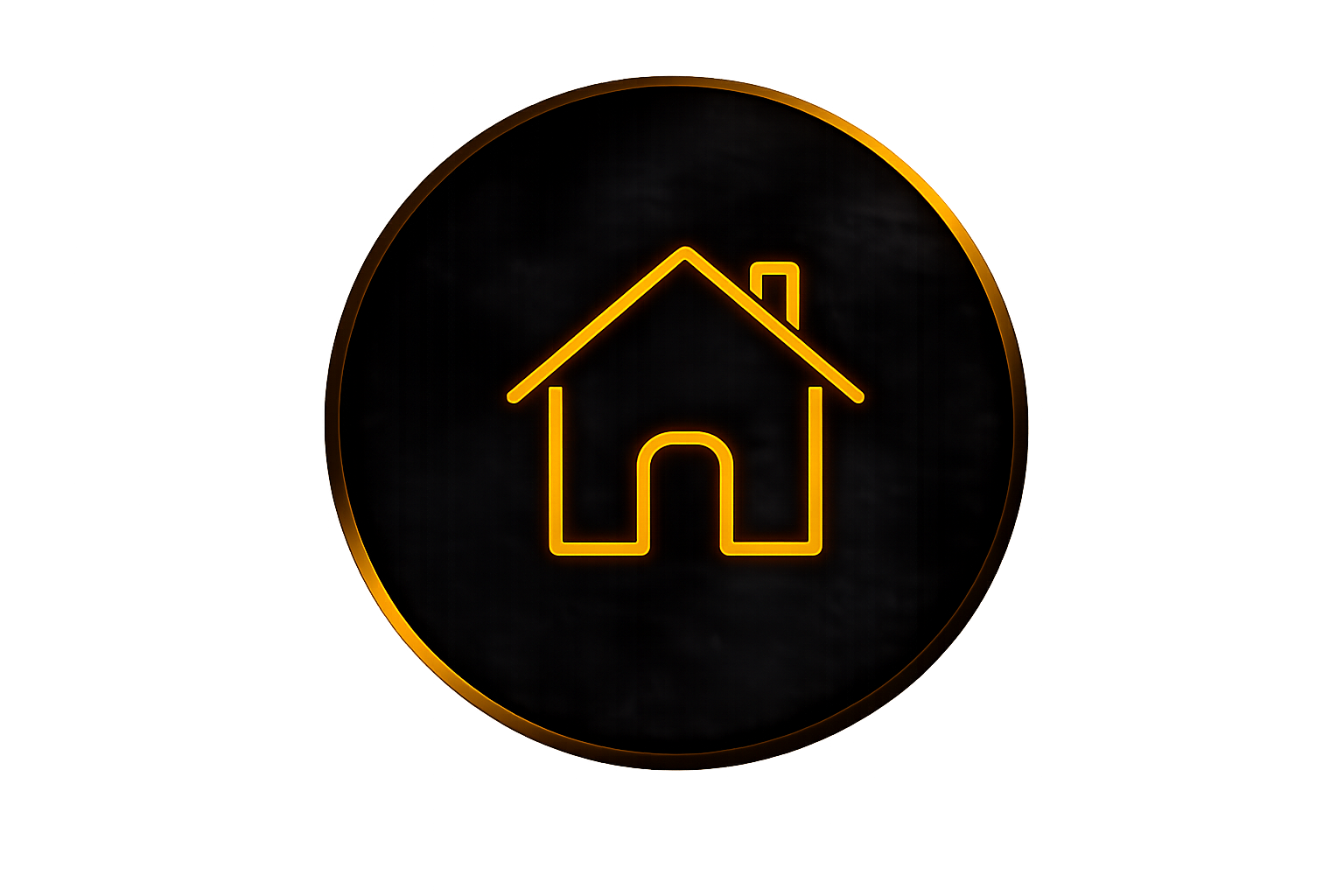 Neon yellow outline of a house inside a black circle, on a yellow background.