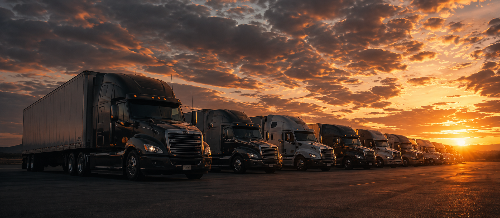 Fleet of commercial semi-trucks ready for freight transportation, logistics operations, and nationwide shipping services.