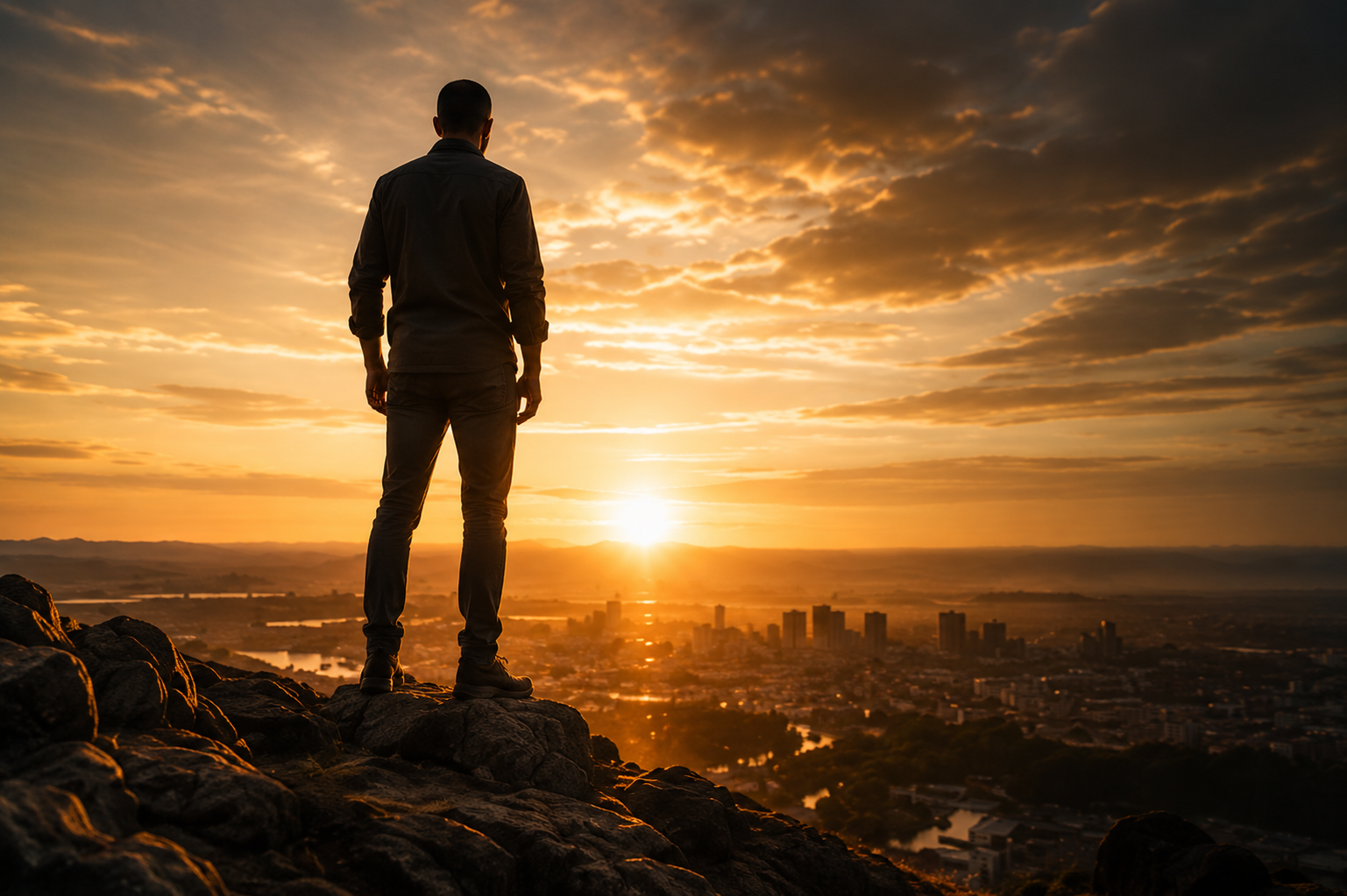 Entrepreneur envisioning future growth, business success, and new opportunities from a position of leadership.