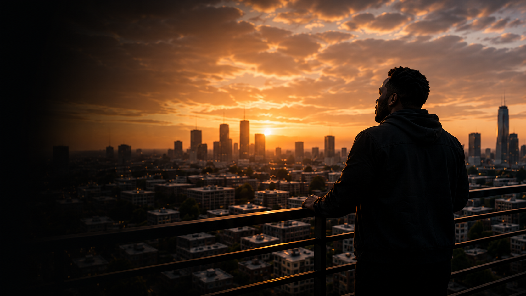 Entrepreneur overlooking a city skyline while planning business growth, financial success, and future opportunities.