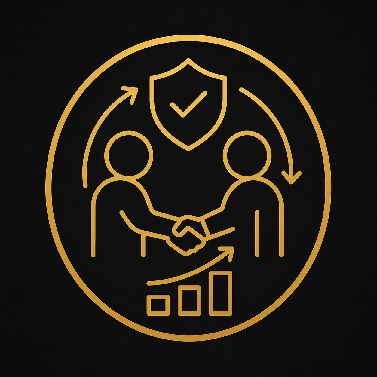 Line art illustration of two people shaking hands, surrounded by arrows, a shield with a checkmark, and a bar graph, representing collaboration or partnership.