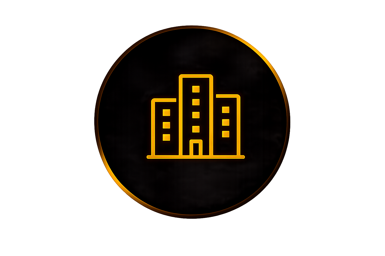 Neon sign of three tall buildings on a black background