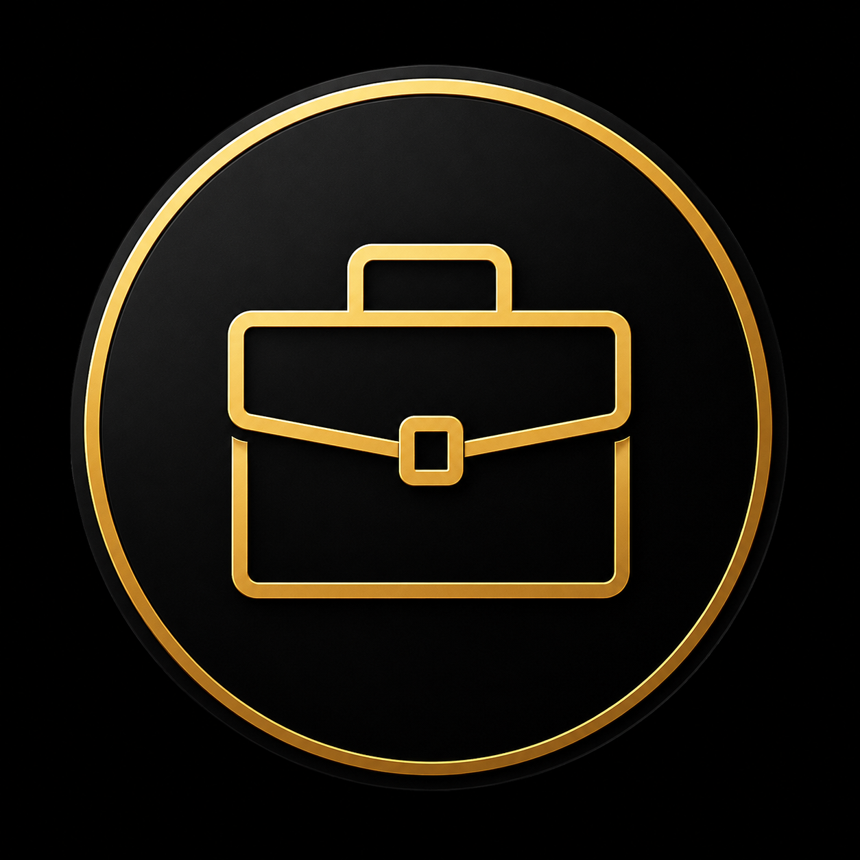 Gold icon of a briefcase on a black background.
