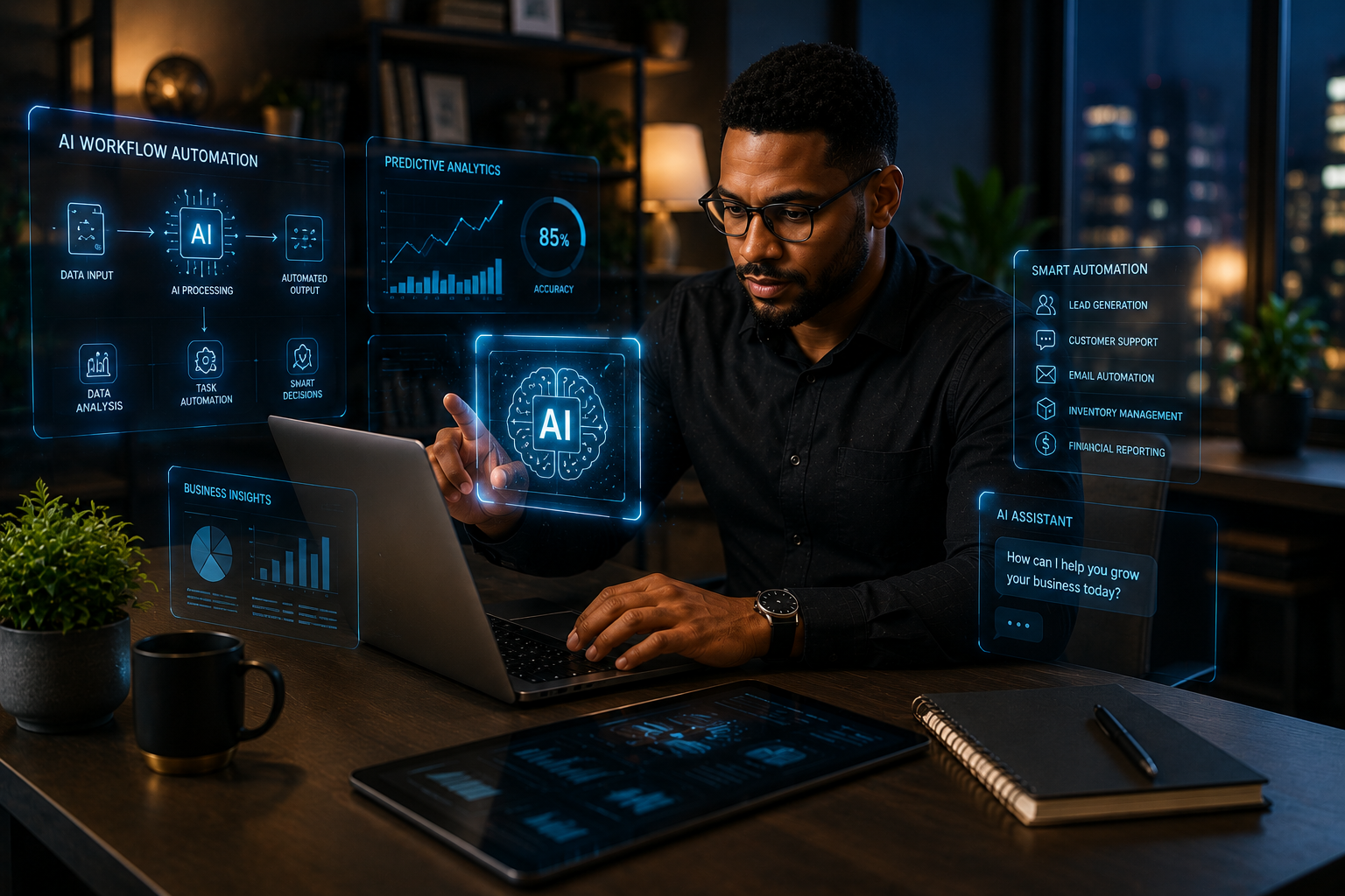 Entrepreneur leveraging artificial intelligence, automation tools, and digital technology to streamline business operations and accelerate growth.