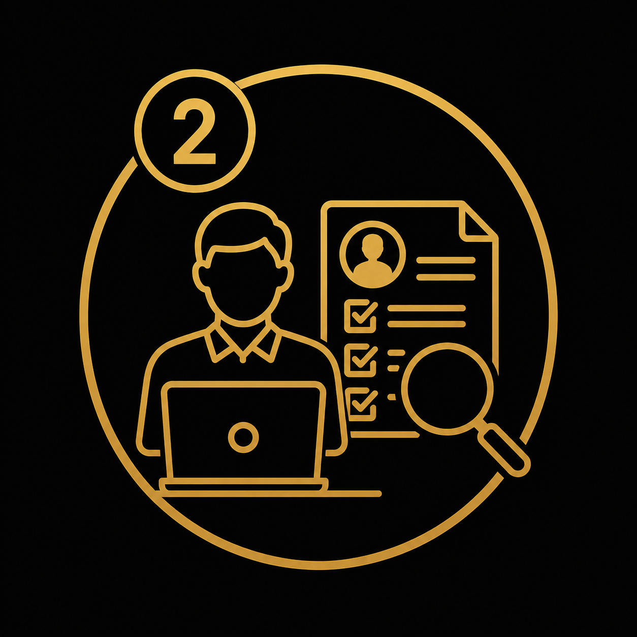 Neon icon of a person with a laptop, paperwork with checkboxes and a magnifying glass, and the number 2 in a circle.