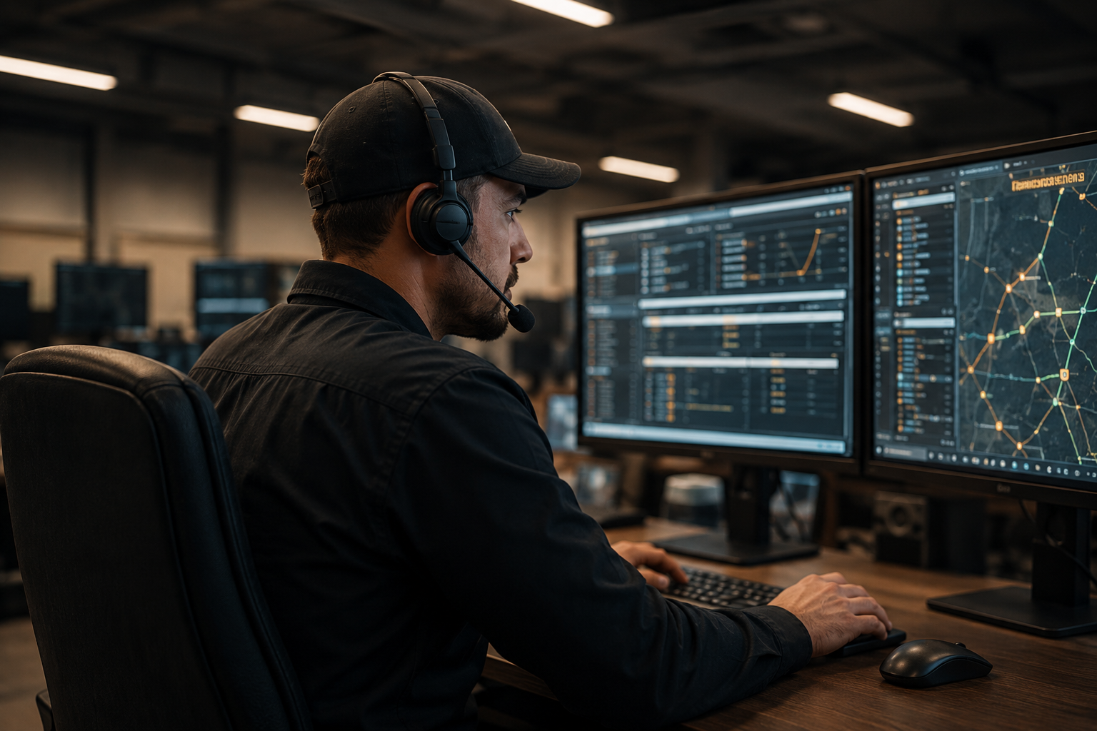 Professional dispatch specialist monitoring freight operations, load tracking, and logistics coordination to keep shipments moving efficiently.