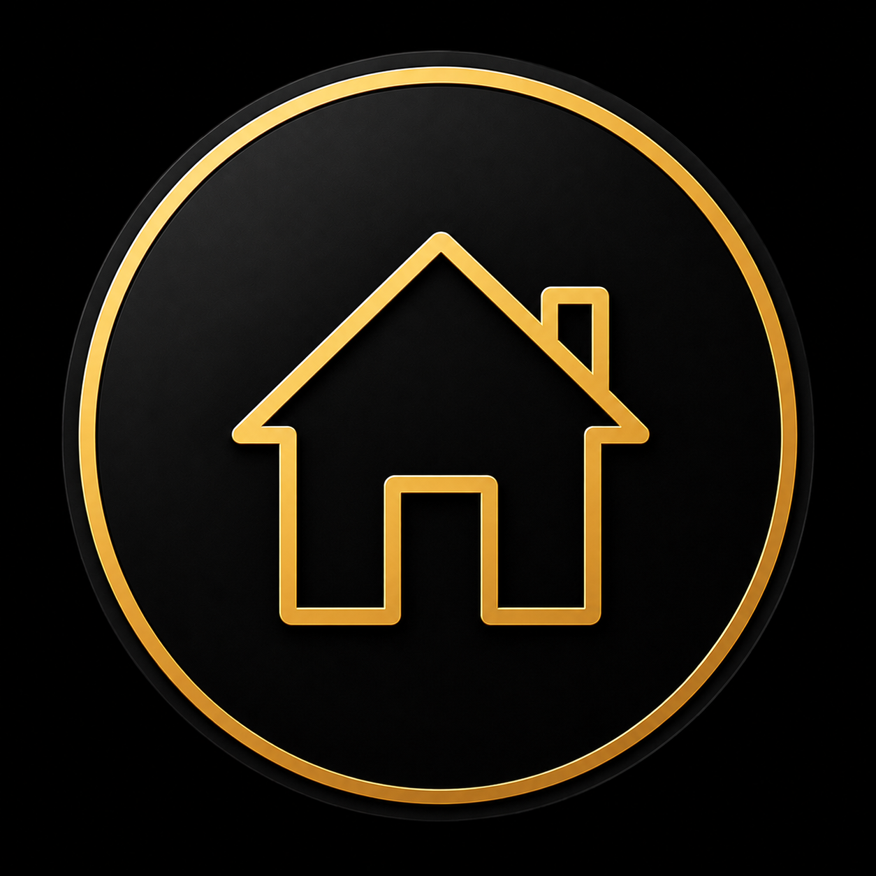 Gold outline house icon inside a gold circle on a black background.