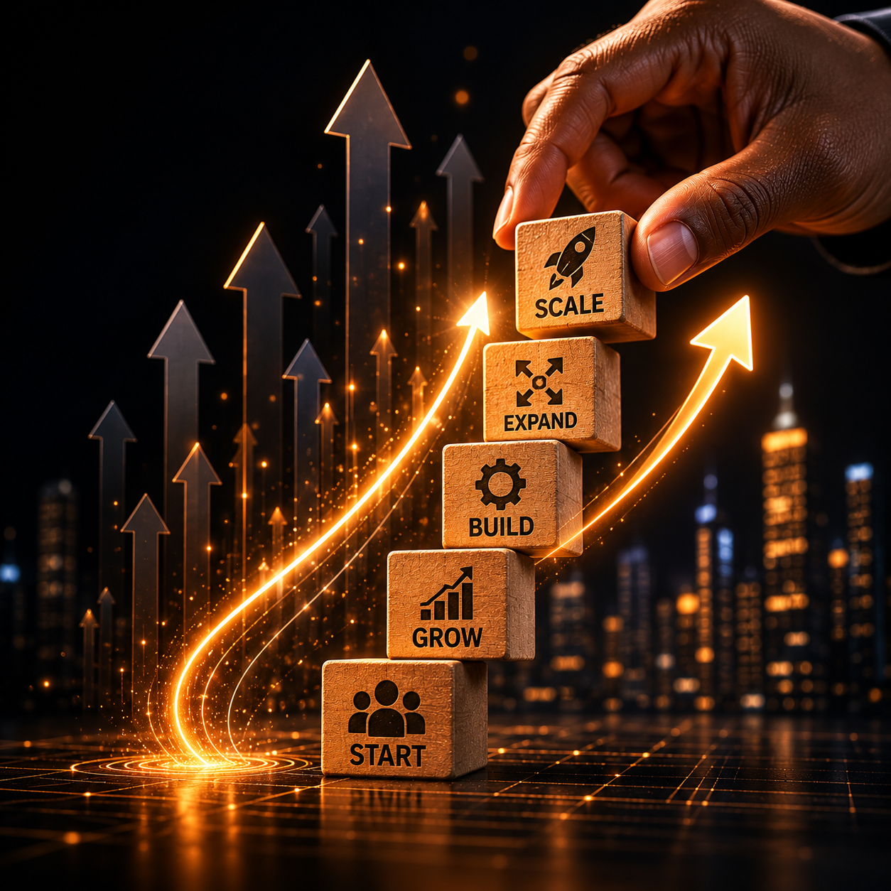 Hand stacking wooden blocks labeled 'Start', 'Grow', 'Build', 'Expand', and 'Scale' with upward arrows and glowing lines indicating growth, against a city skyline at night.