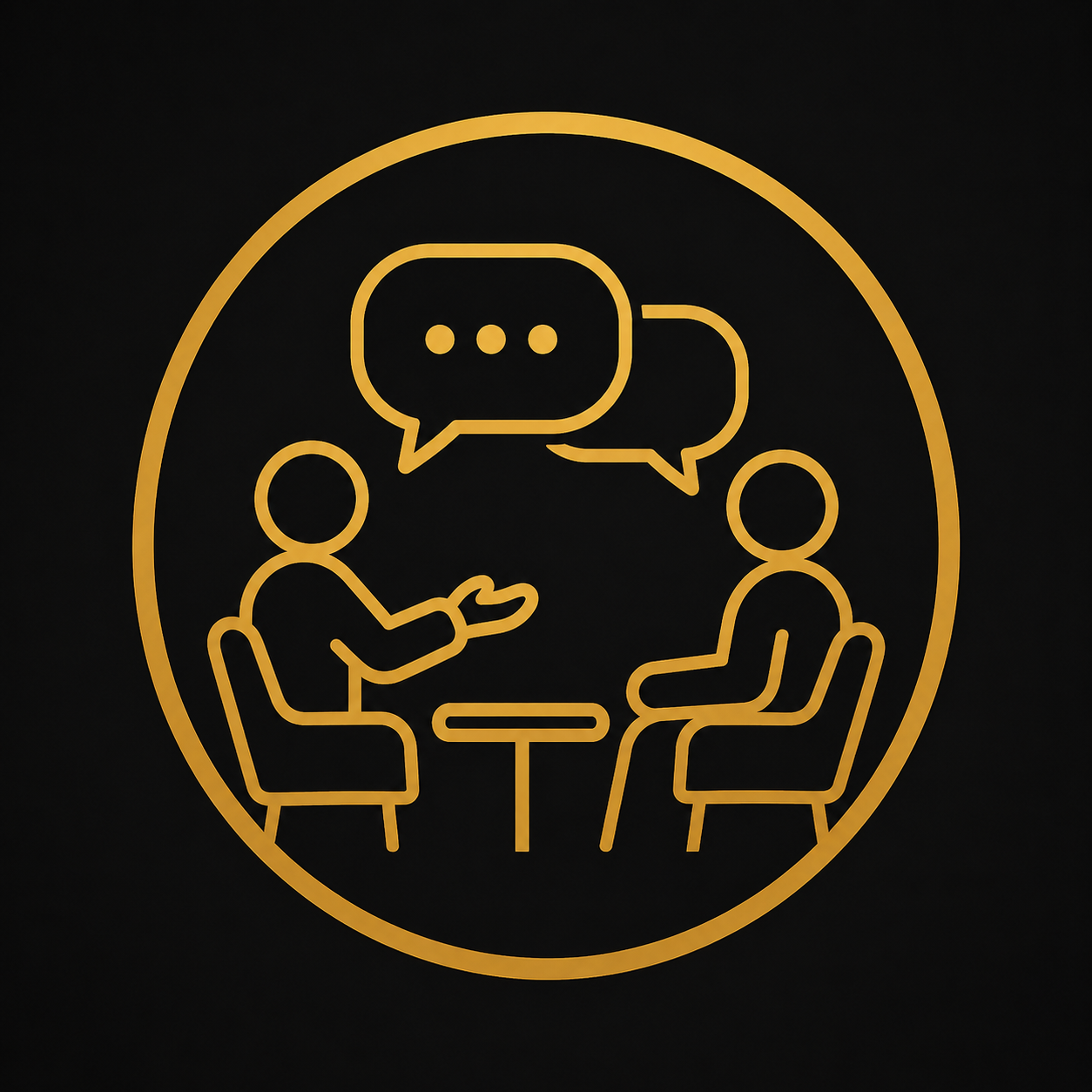 Neon sign depicting two people sitting at a table having a conversation, represented by speech bubbles above them, outlined in yellow on a black background.