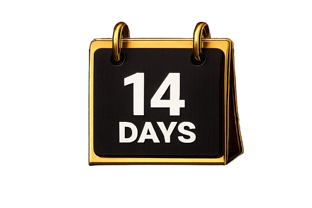 A black desk calendar with a gold frame displaying the text "14 DAYS" in white letters.