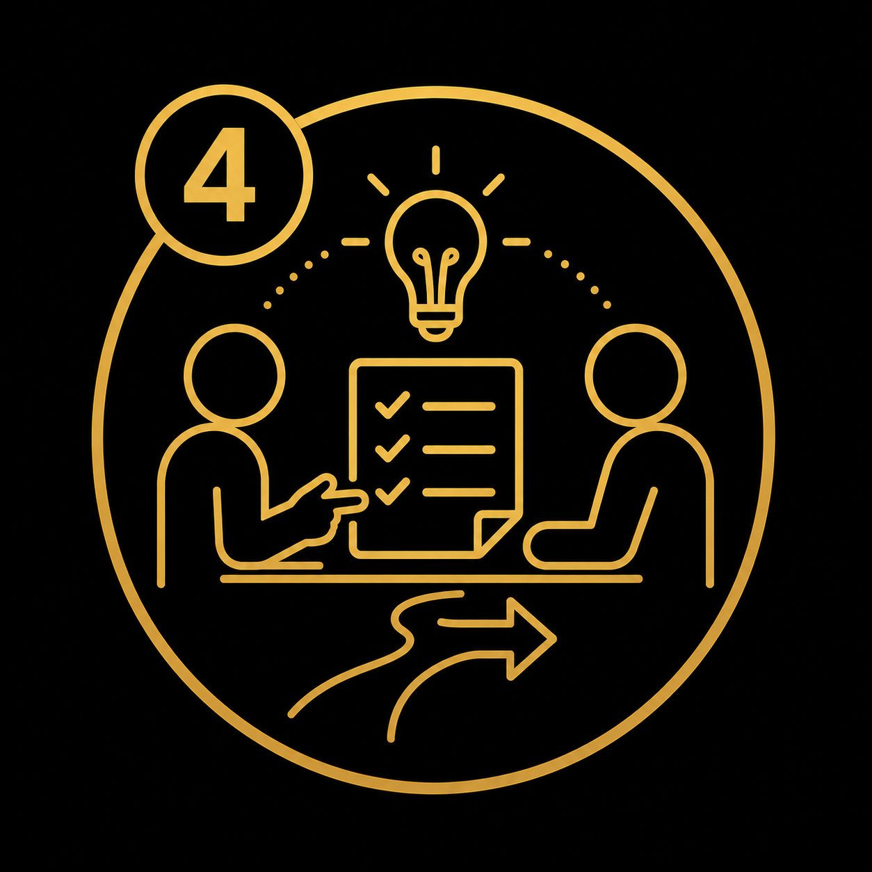 Two people sitting at a table having a discussion with a sheet of paper, checkmarks, and a light bulb above them, indicating sharing ideas. The image also features a circle with the number 4 and an arrow pointing to the right, suggesting a step in a process or sequence.