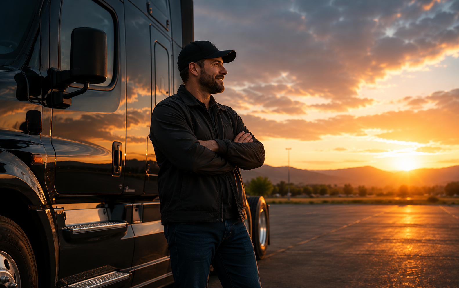 Professional truck driver standing beside a commercial semi-truck, representing reliable freight transportation, logistics services, and owner-operator success.