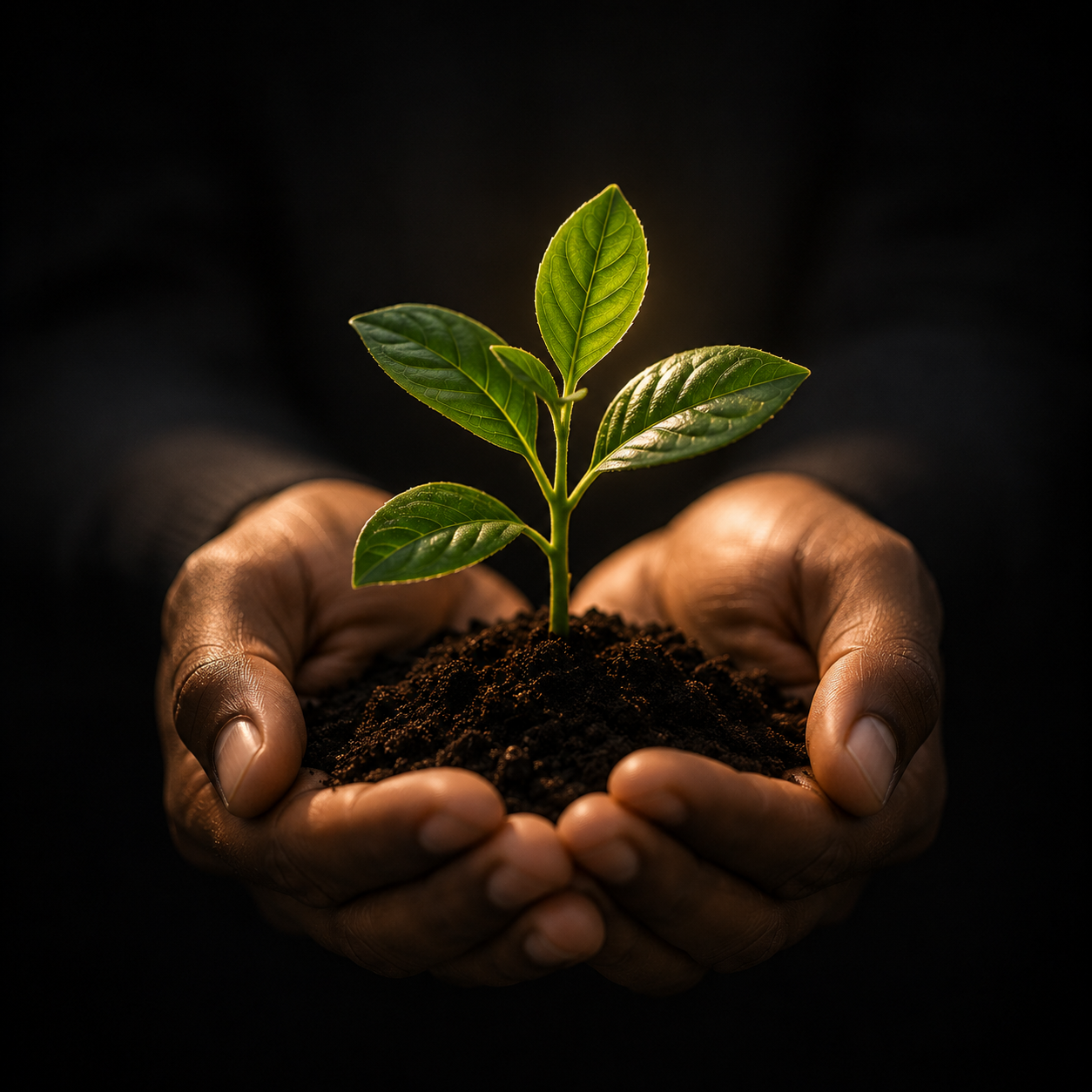A pair of hands holding dark soil with a small green plant growing from it, highlighted by warm lighting against a dark background.