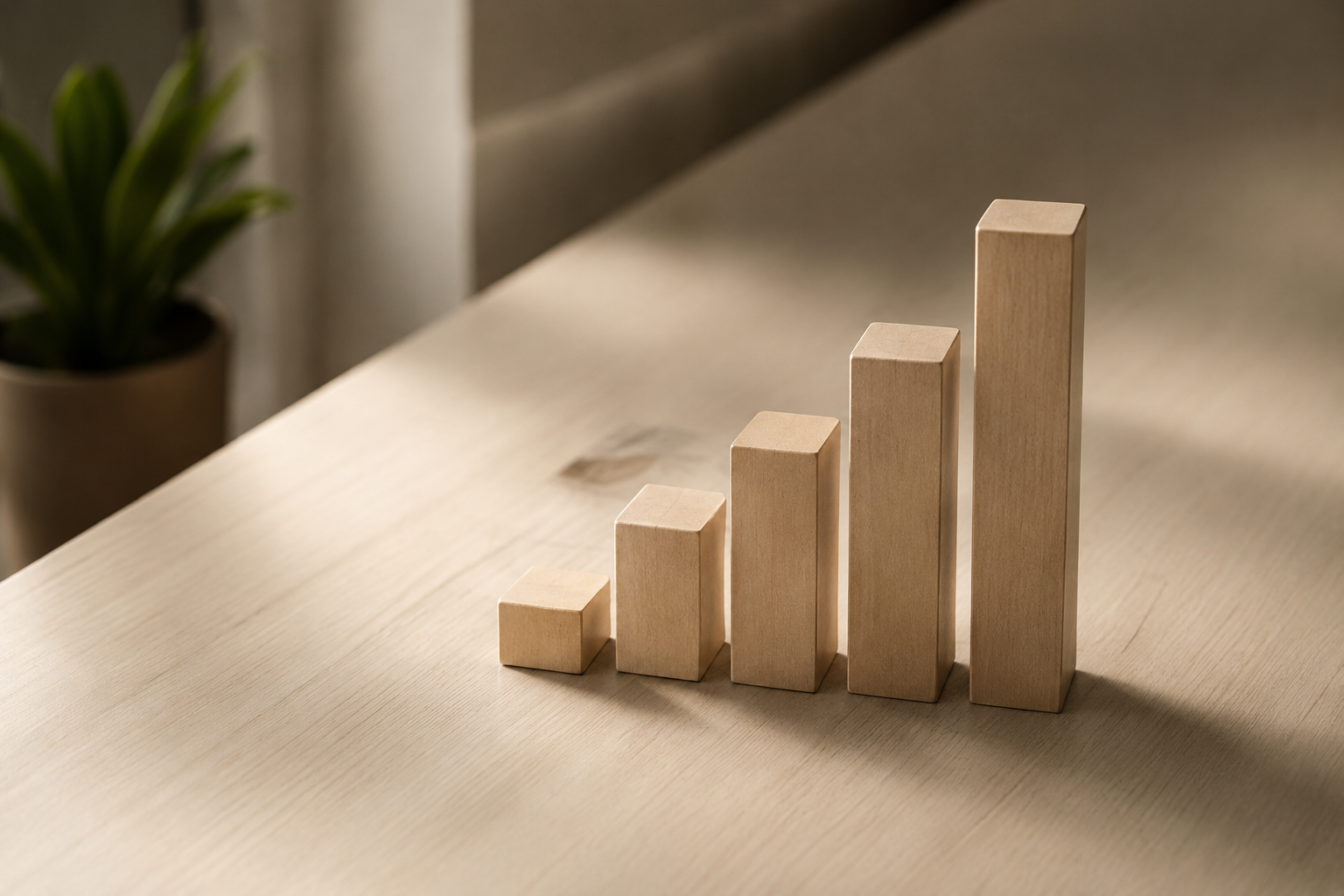 Wooden blocks arranged in increasing height on a light wooden surface.