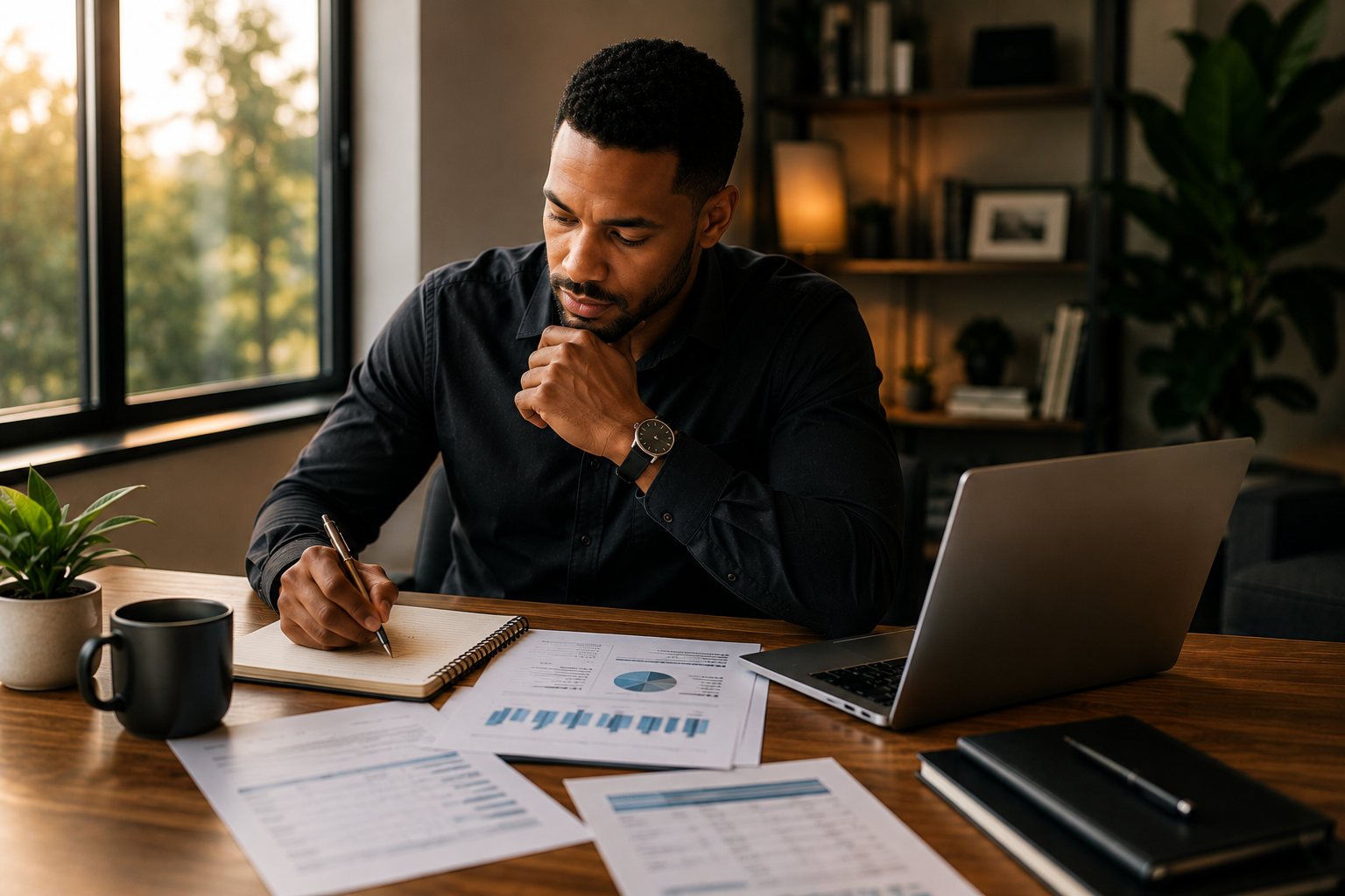Entrepreneur reviewing business plans, financial strategies, and growth opportunities to build long-term success.