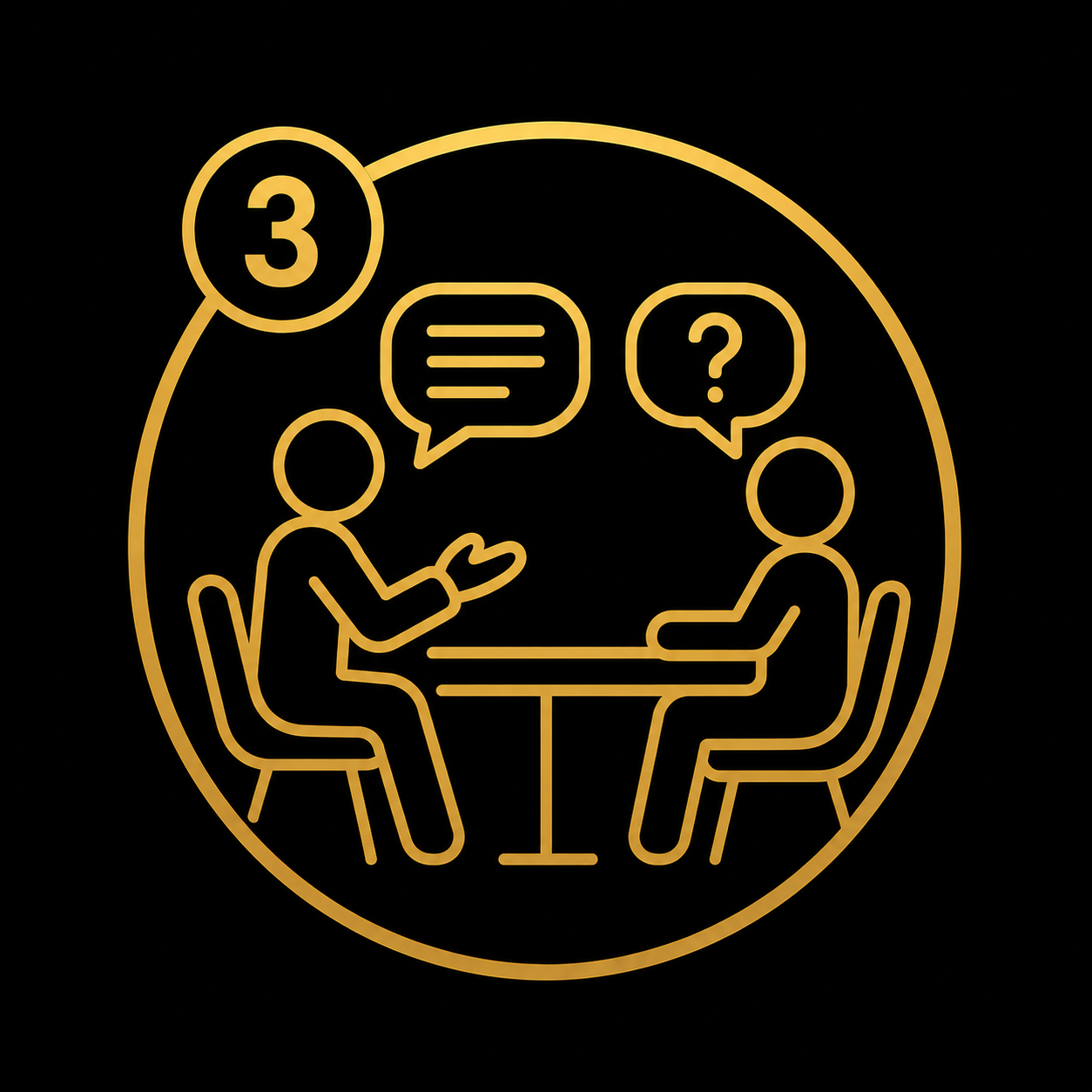 Neon-style illustration of two people sitting at a table having a conversation, with speech bubbles above them containing text and a question mark, surrounded by a circle, on a black background.