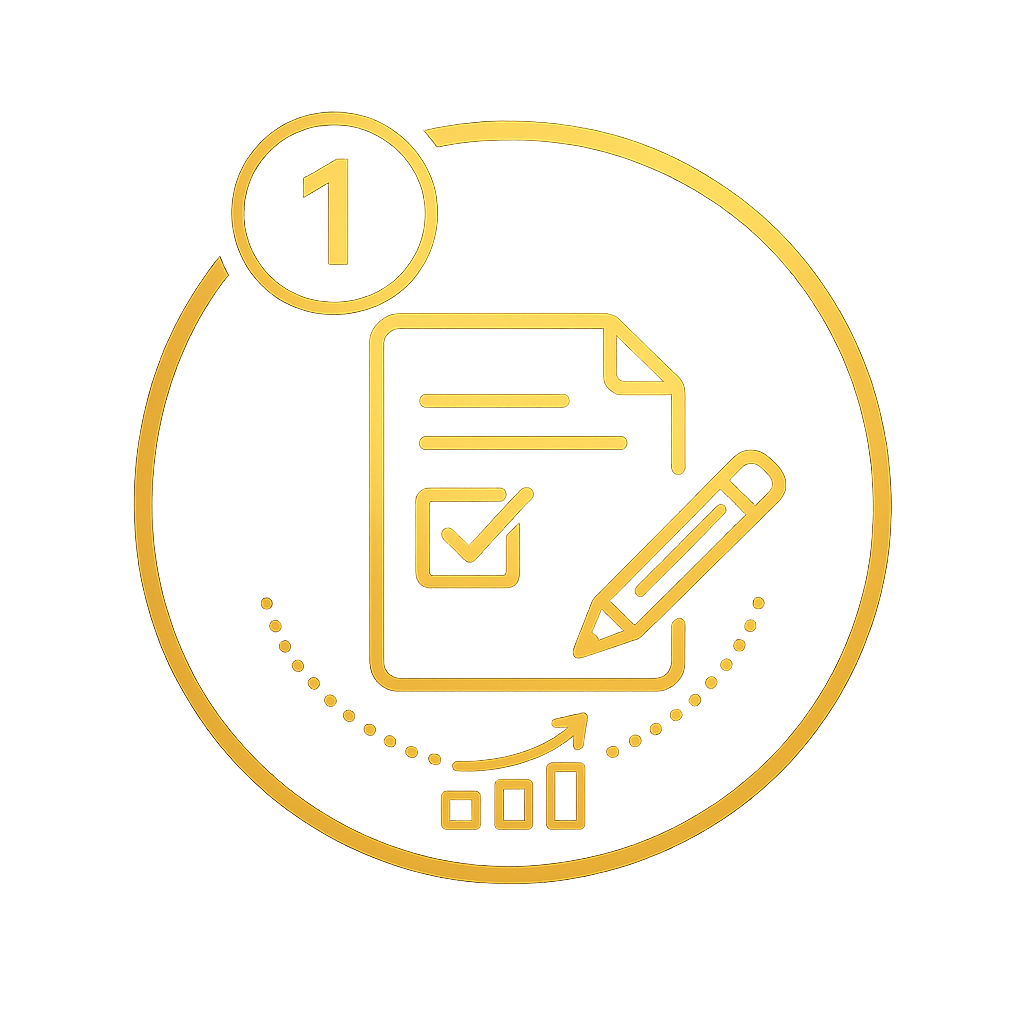 A gold-colored digital icon featuring a document with a checkmark, a pencil, a bar graph, and an upward-pointing arrow, with a coin in the top left corner marked with the number 1.