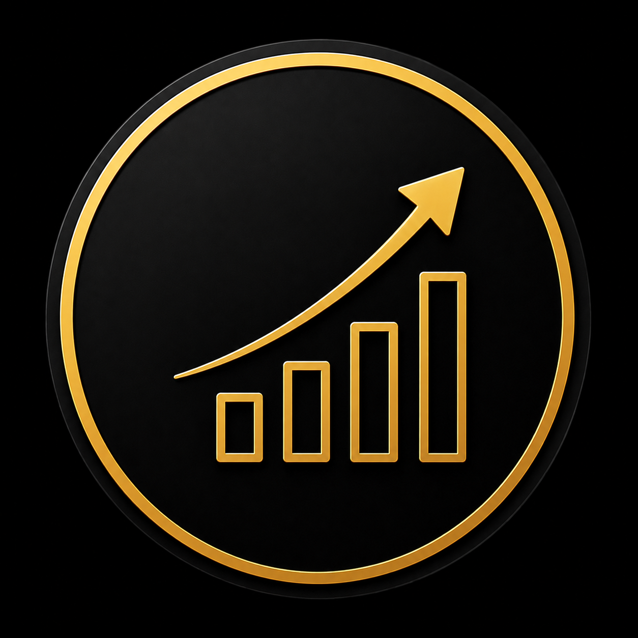 Black circular icon with a gold border, showing an increasing bar graph with four bars and an upward trending arrow in gold.