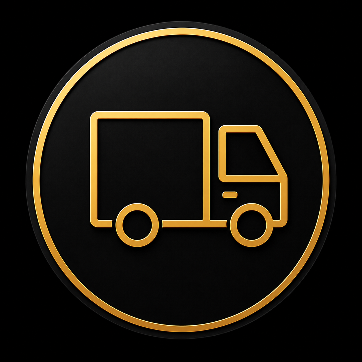 Gold neon outline of a delivery truck inside a black circle with a gold border.