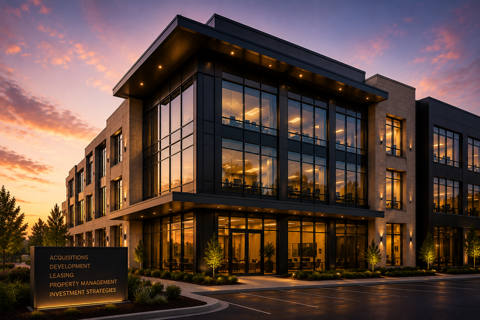 Modern commercial office building representing business growth, professional services, and entrepreneurial opportunities.