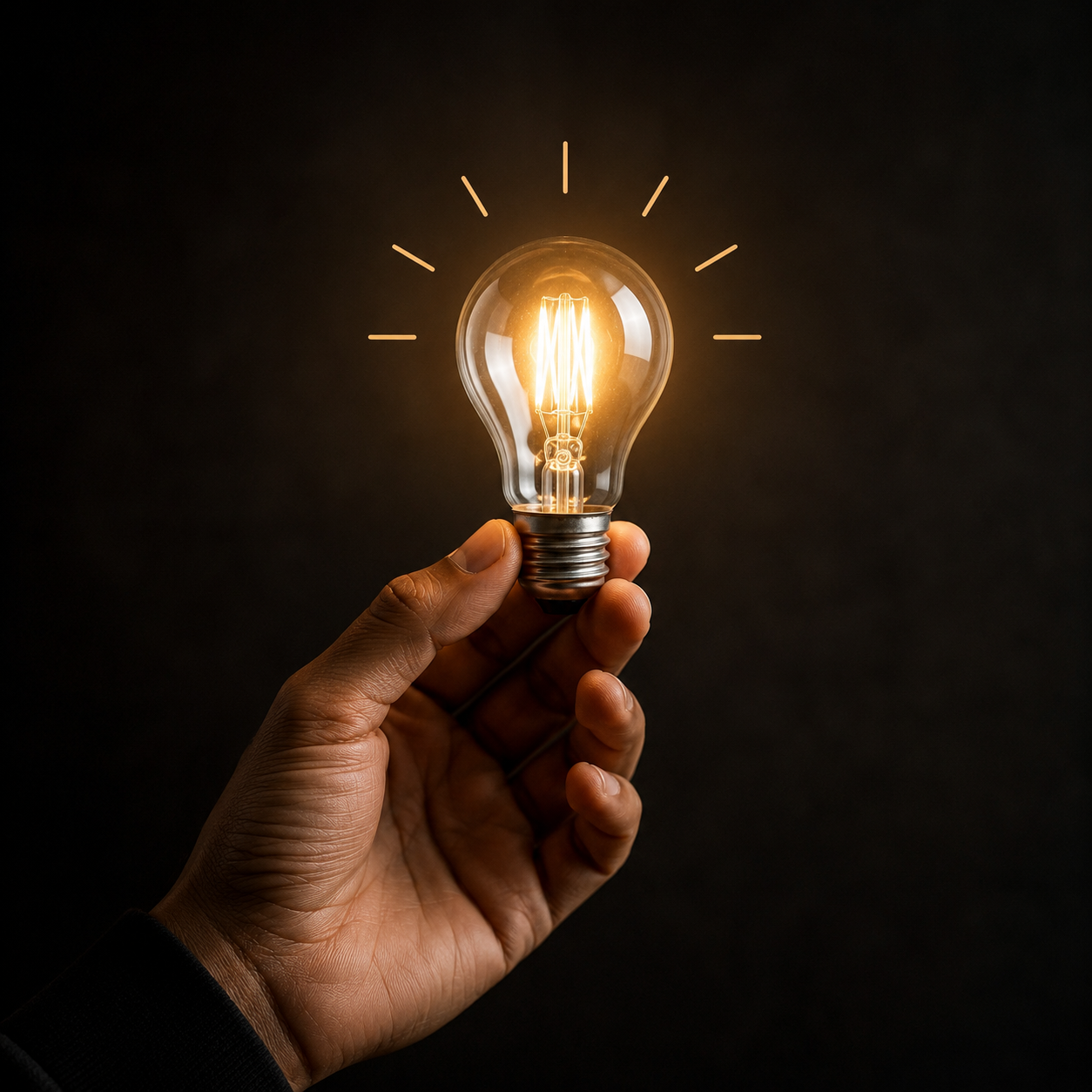 A person holding an illuminated incandescent light bulb against a dark background.