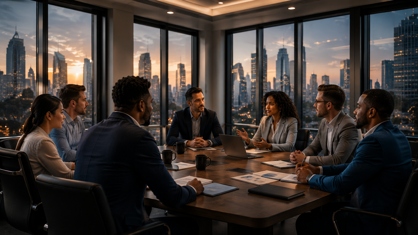 Executive leadership team collaborating during a strategic business planning meeting in a modern corporate boardroom.