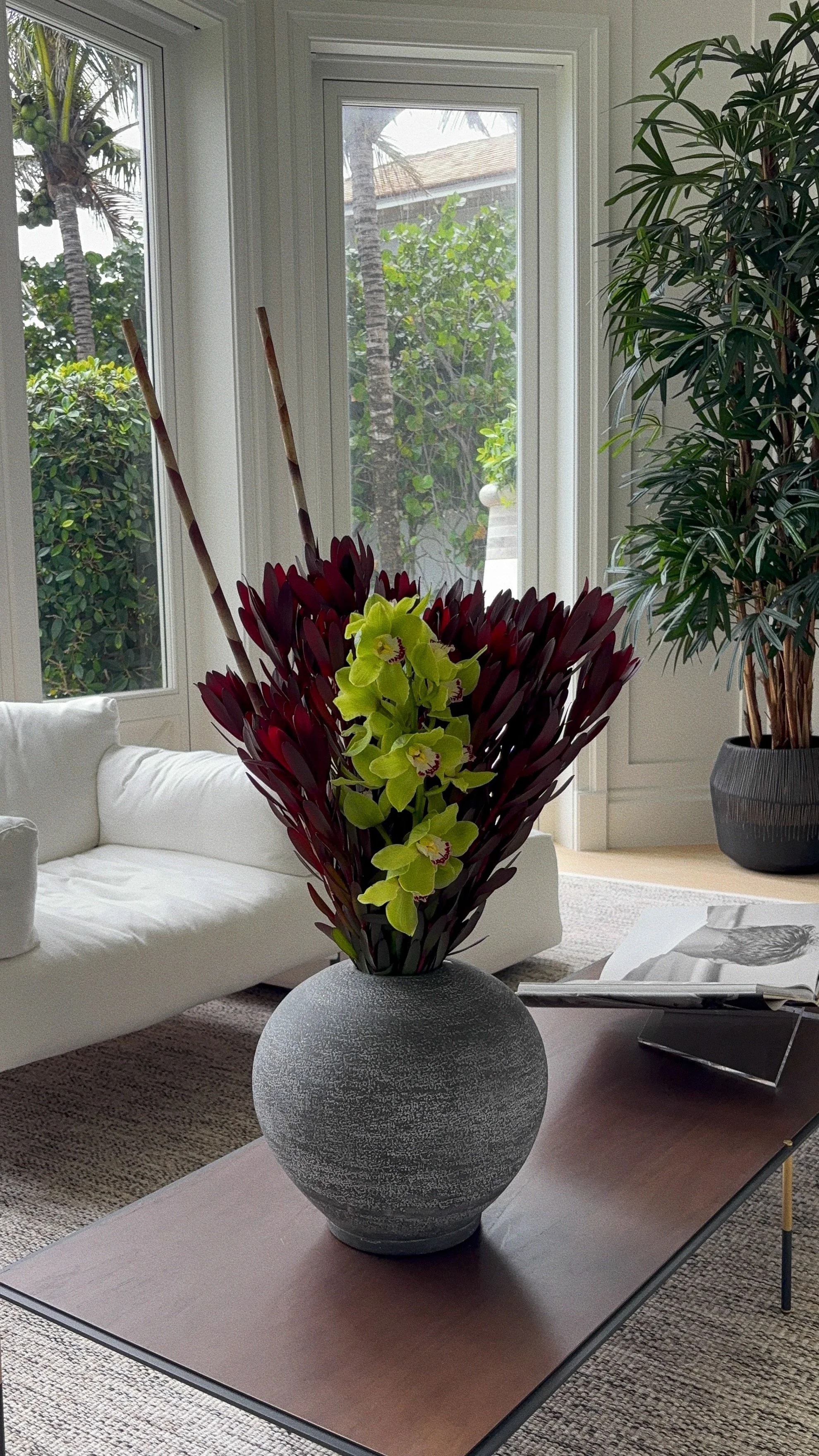 Deep burgundy leucadendron, green cymbidium orchids, and zebra stakes in a spherical stone vase. Architectural and tropical at the same time.