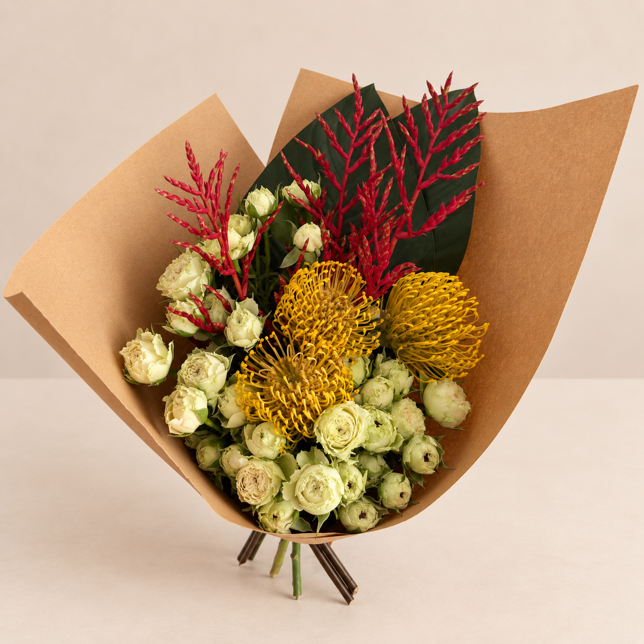 Coral Reef sculptural tropical hand-tied bouquet by Grove Floral Studios in Miami
