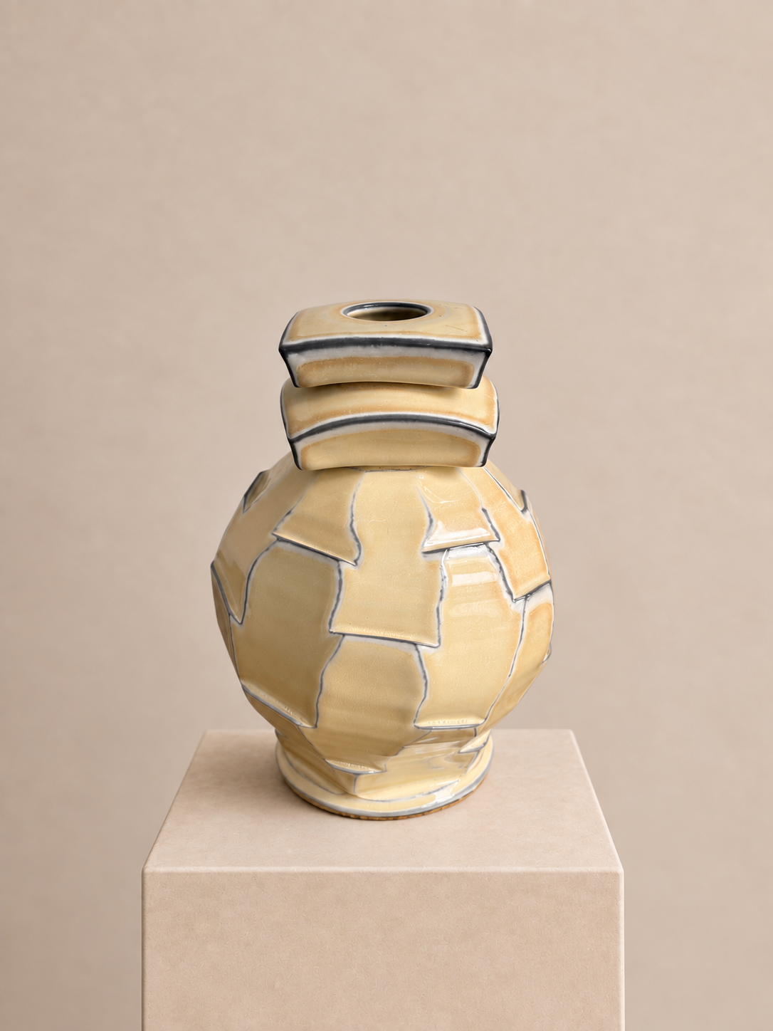 Geometric cream ceramic vase with stacked square neck and charcoal detailing by Grove Floral Studios