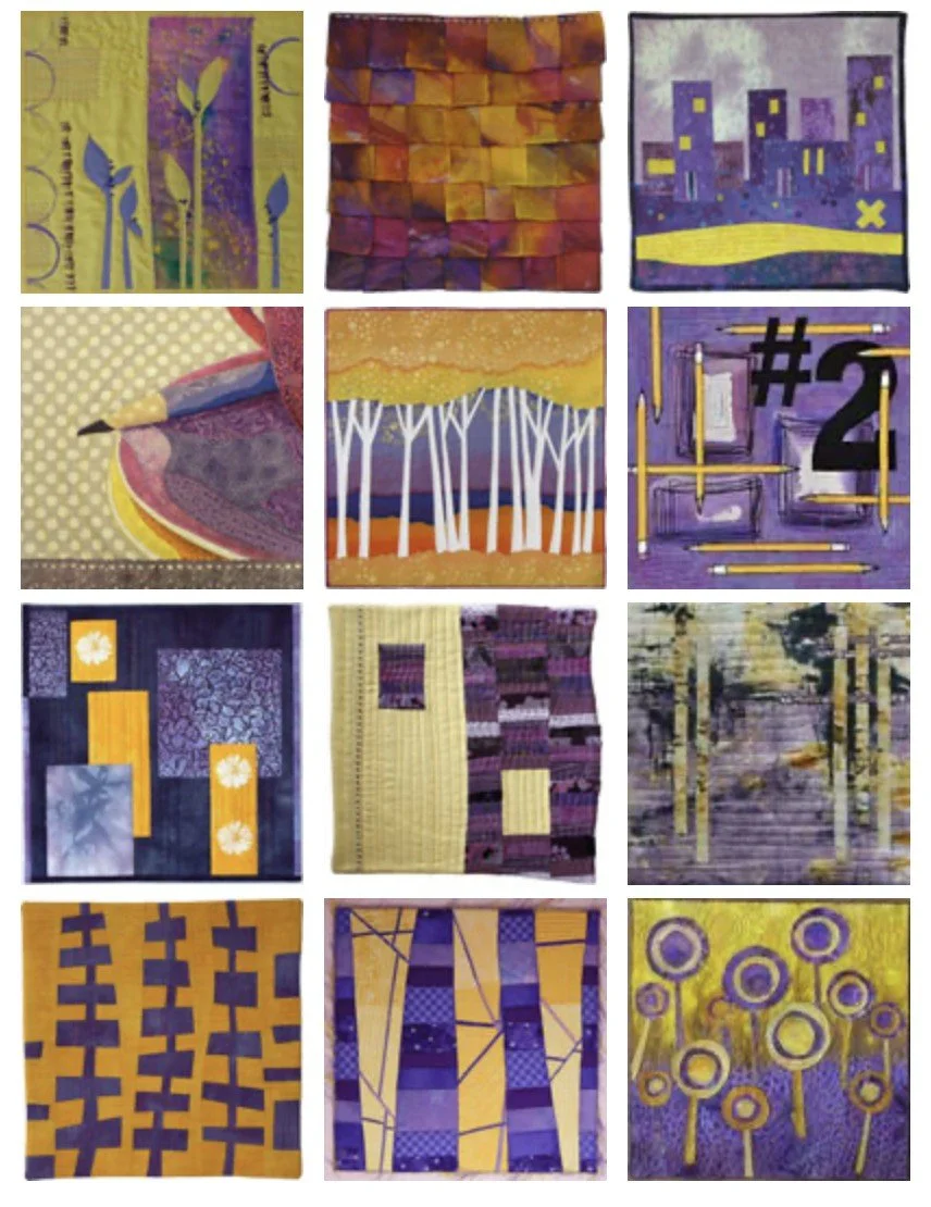 Twelve small art quilts in a purple and yellow color palette by the Twelve by Twelve group, arranged in a grid.
