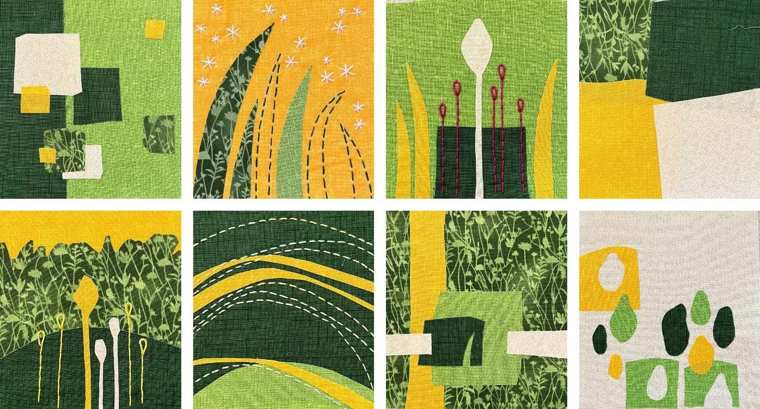 A collage of eight textile patterns inspired by nature, featuring plants, flowers, and abstract greenery in green, yellow, and white colors.