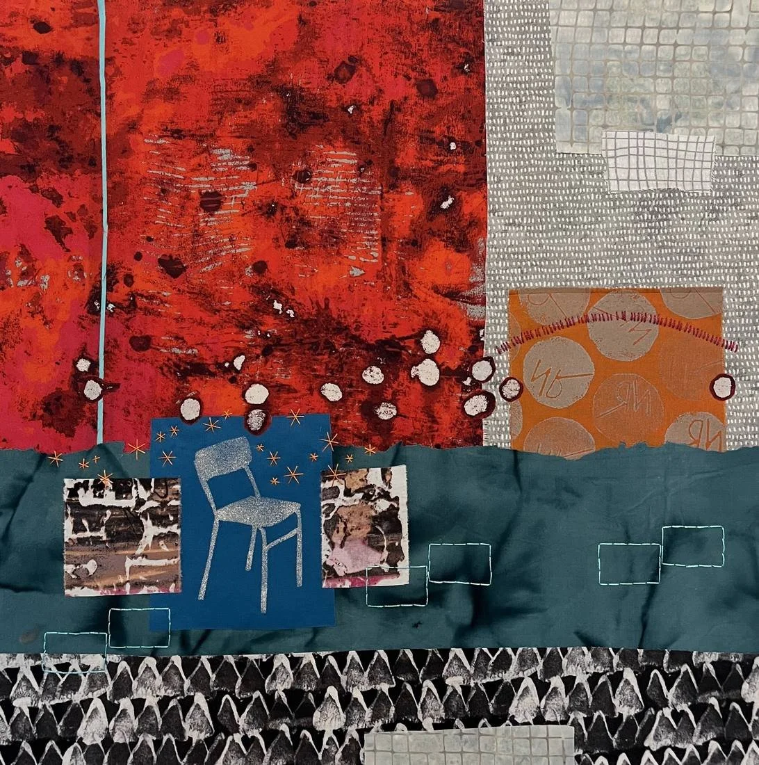 Mixed media collage with abstract patterns, textured fabrics, and cut-out pictures of a chair, brick walls, and dotted designs.