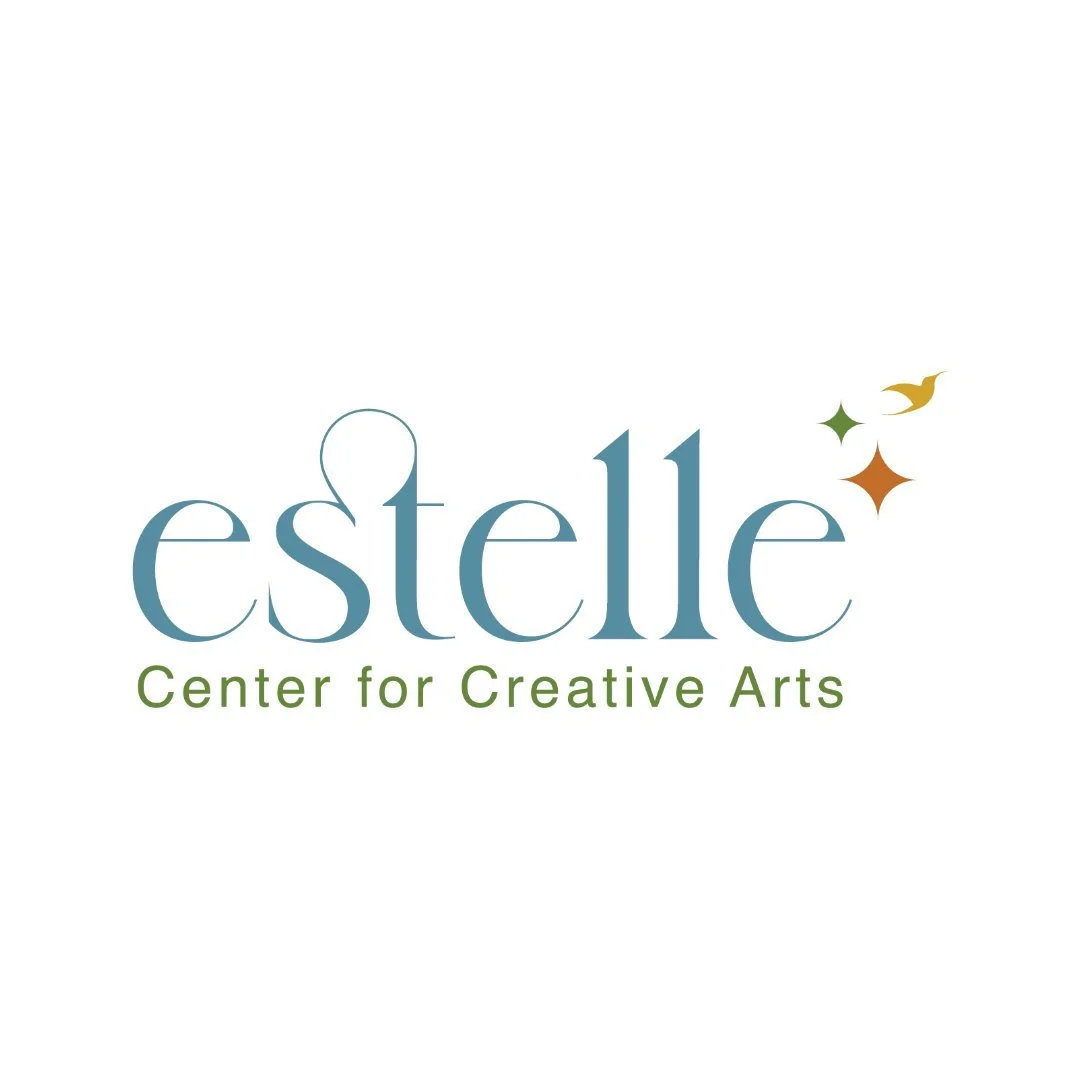 Logo for Estelle Center for Creative Arts featuring the word 'estelle' in blue with decorative accents of stars and a bird, and the subtitle 'Center for Creative Arts' in green.
