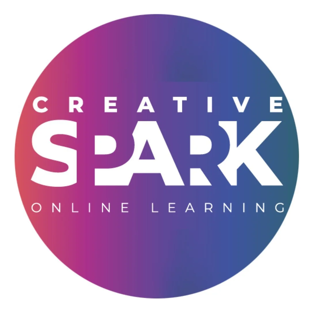 A circular logo with a gradient background transitioning from pink to blue, featuring the text 'Creative Spark' in large white letters, with 'Online Learning' in smaller white letters below.