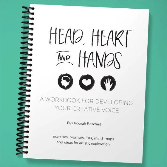 Cover of a workbook titled 'Head, Heart and Hands' with icons of a head, heart, and hand, and subtitle 'A workbook for developing your creative voice' by Deborah Boschert on a teal background.