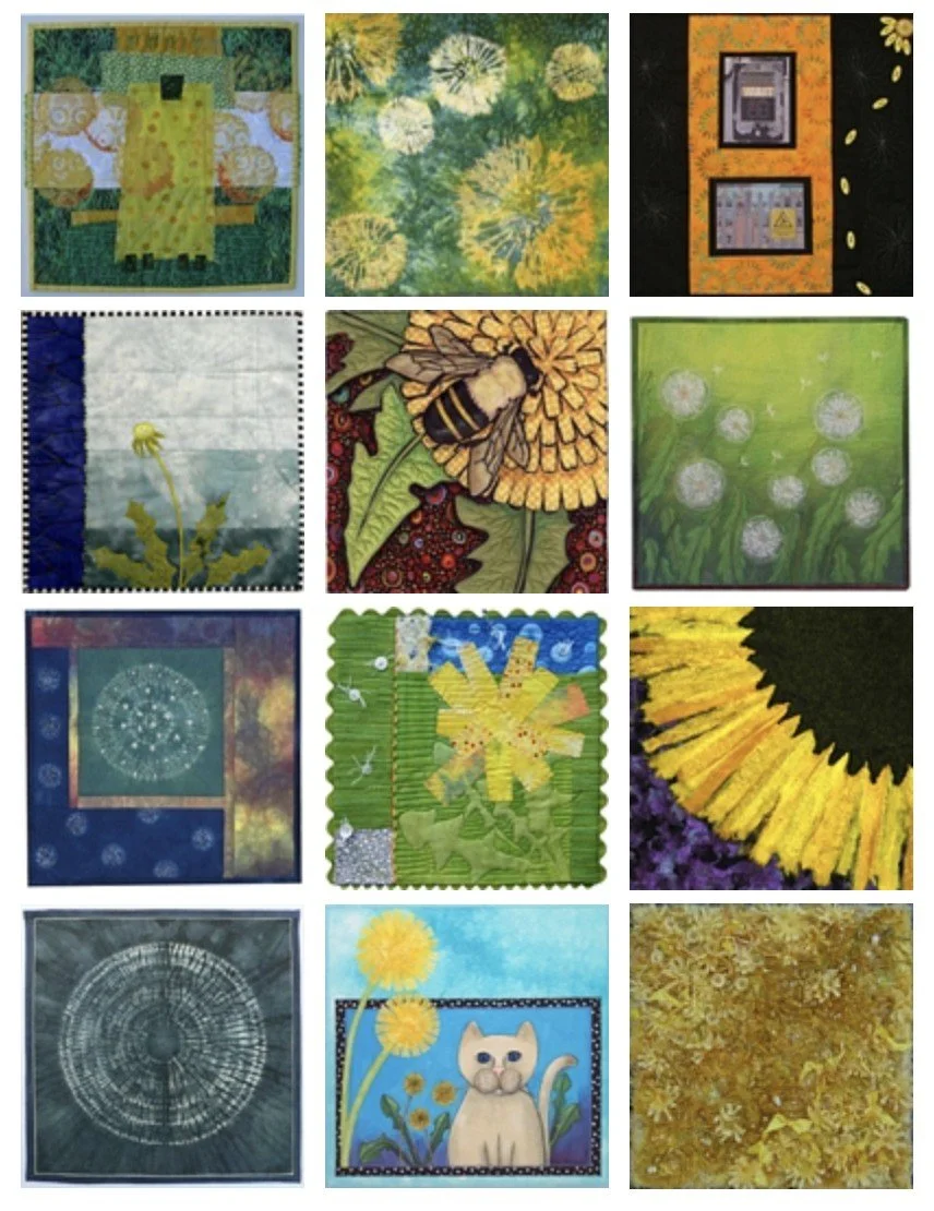 Twelve small dandelion-themed art quilts arranged in a grid by members of the Twelve by Twelve art quilt group.
