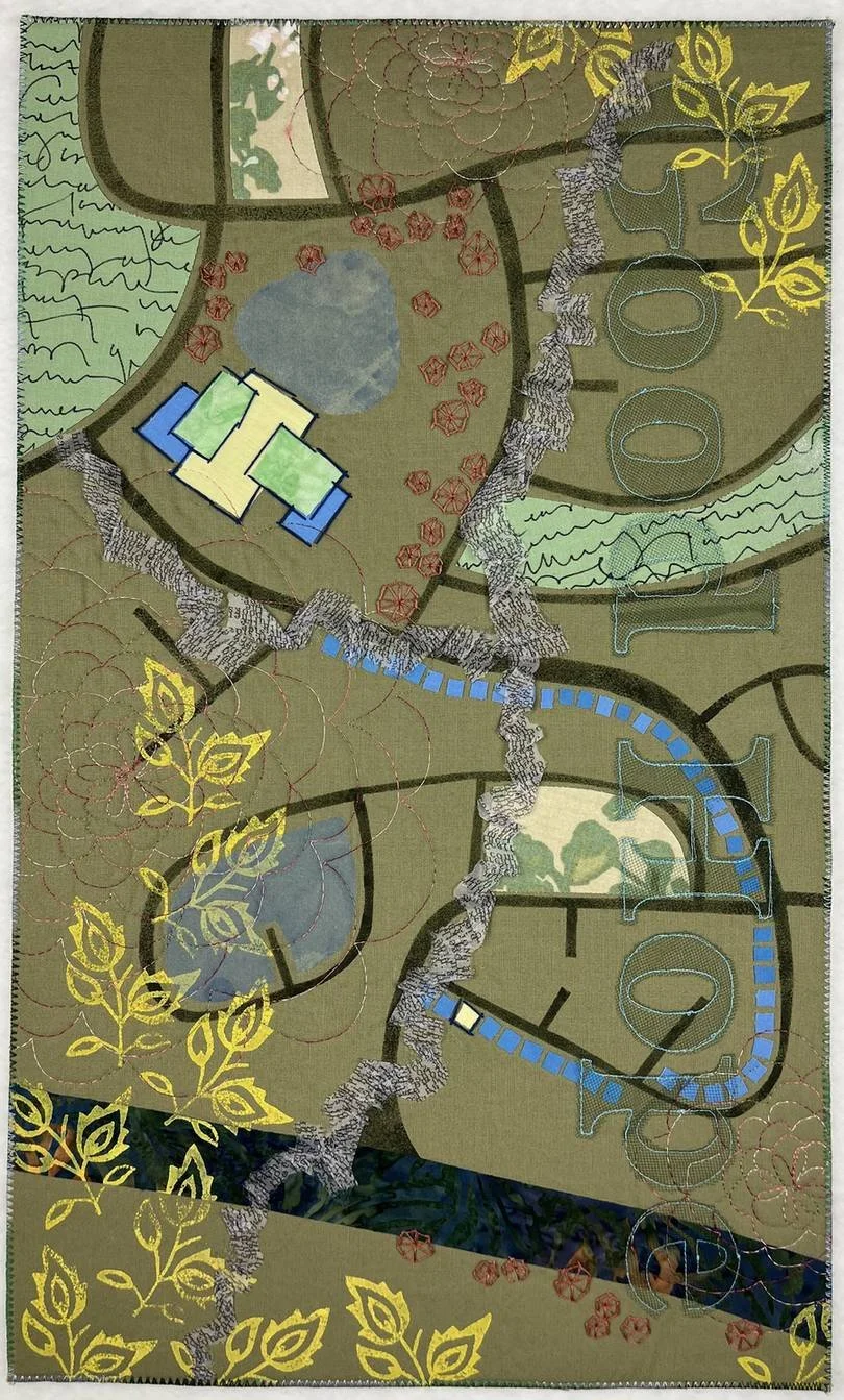 Crossing Good Hope, an art quilt by Deborah Boschert showing an aerial map view with stitched roads, rivers, and yellow leaves on olive green fabric.