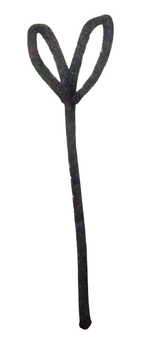 A black metal garden tool, possibly a weeding fork or hand rake, with a long handle and a prong-shaped top.