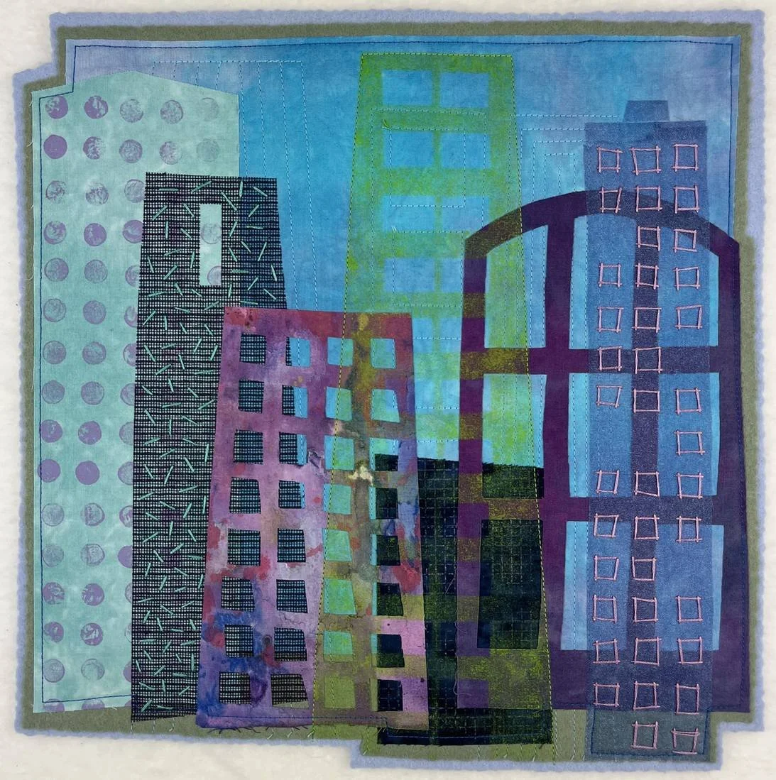 Seeing Through, an art quilt by Deborah Boschert depicting a layered abstract cityscape in blue, purple, teal, and green with stitched windows.