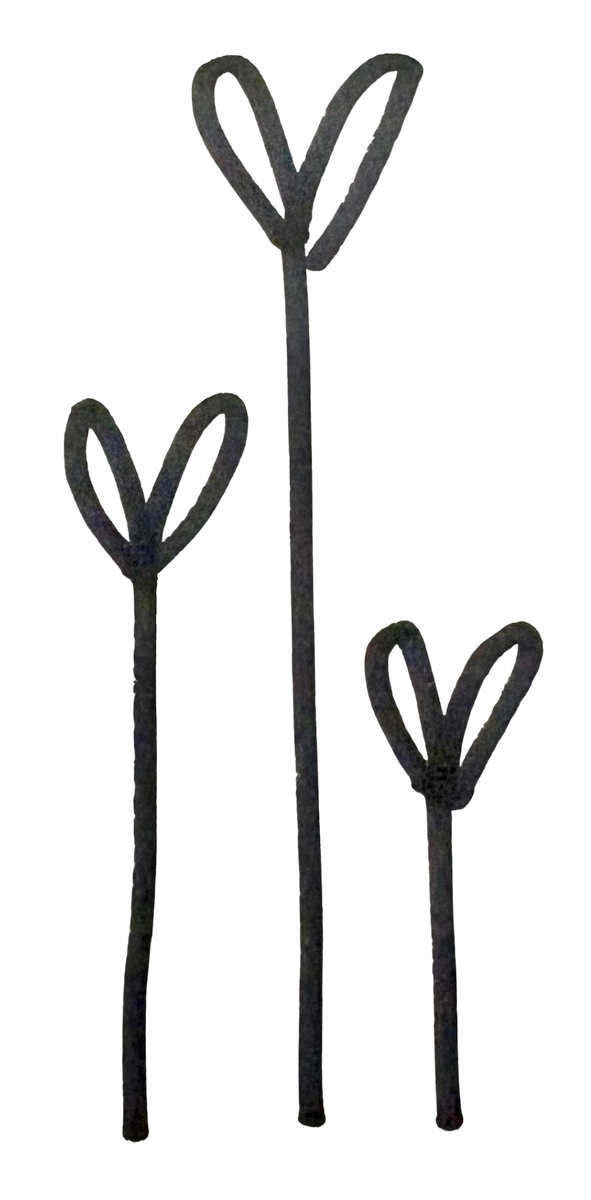 Simple black and white line drawing of three plant stems with leaves at the top, varying in height.