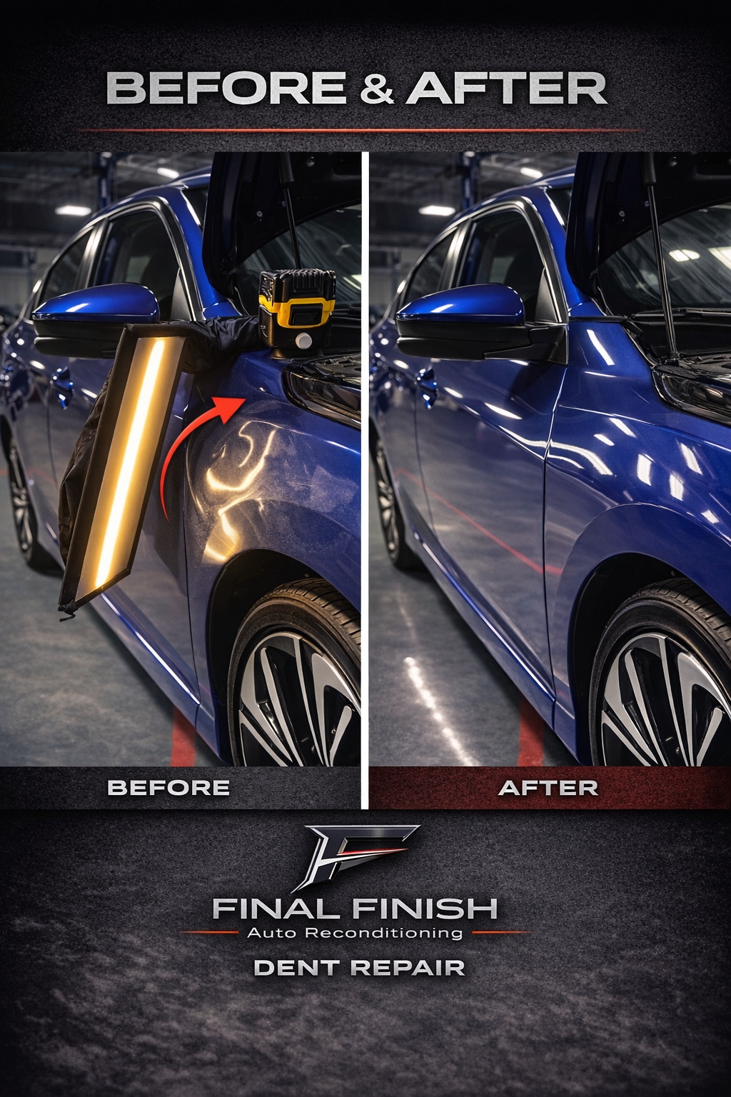 Comparison photo of a blue car showing before and after dent repair, with the before image depicting the dent and the after image showing a smooth, repaired surface, with the logo and text for Final Finish Auto Reconditioning Dent Repair.