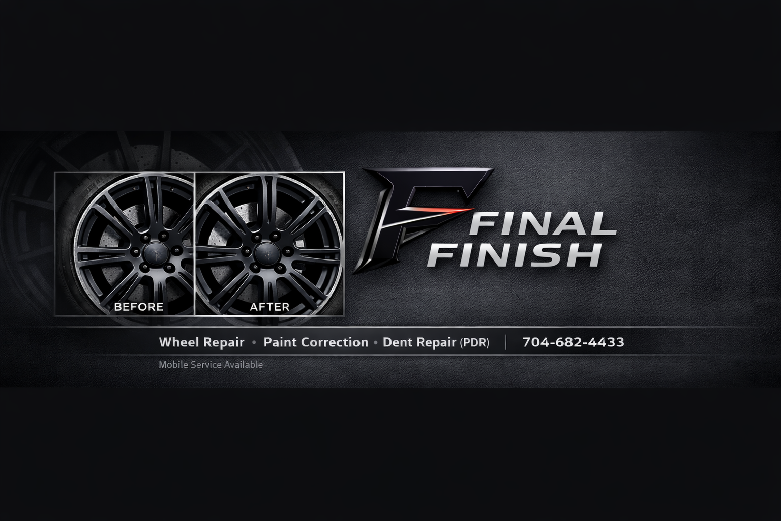 A business advertisement for Final Finish featuring a before and after comparison of a car wheel, with text indicating services such as wheel repair, paint correction, and dent repair, along with a contact phone number.