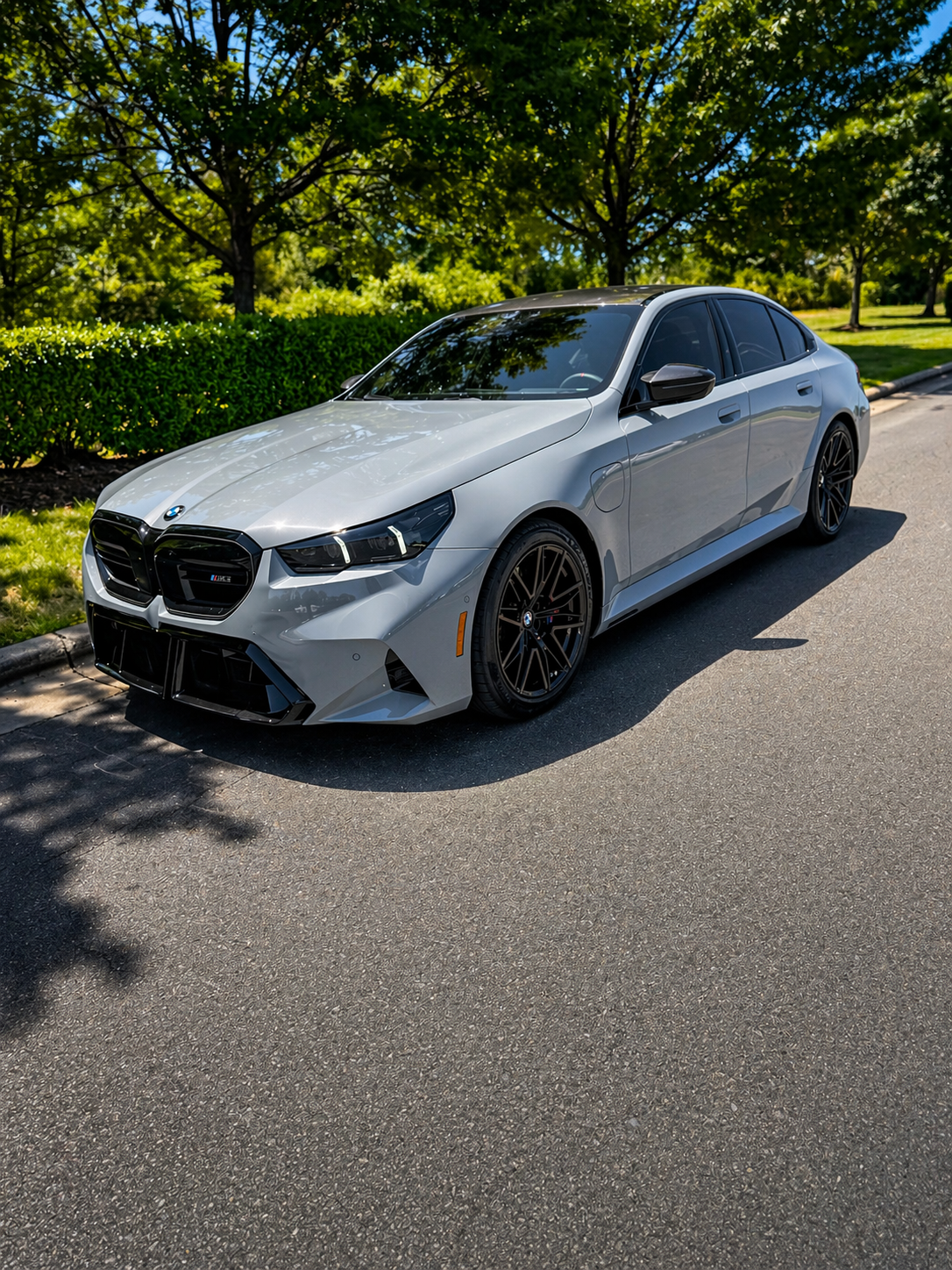 A silver BMW electric car parked on a street with green trees and bushes in the background.