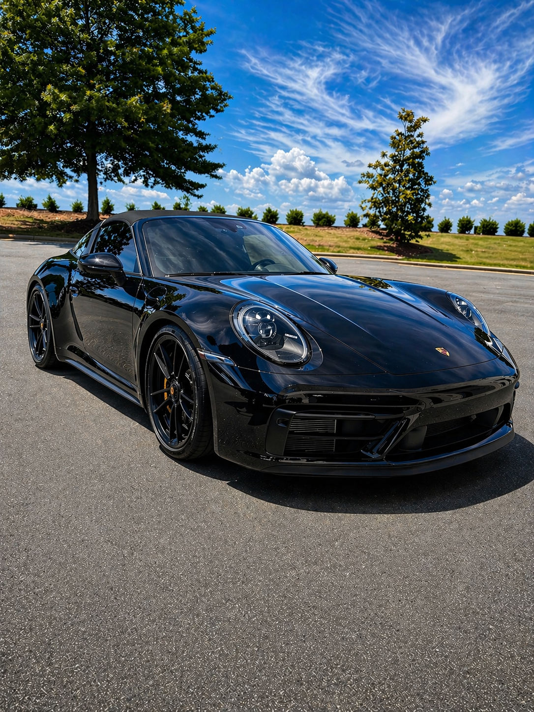 A sleek black Porsche sports car parked on a paved lot under a partly cloudy sky, with green trees and grassy sides in the background.