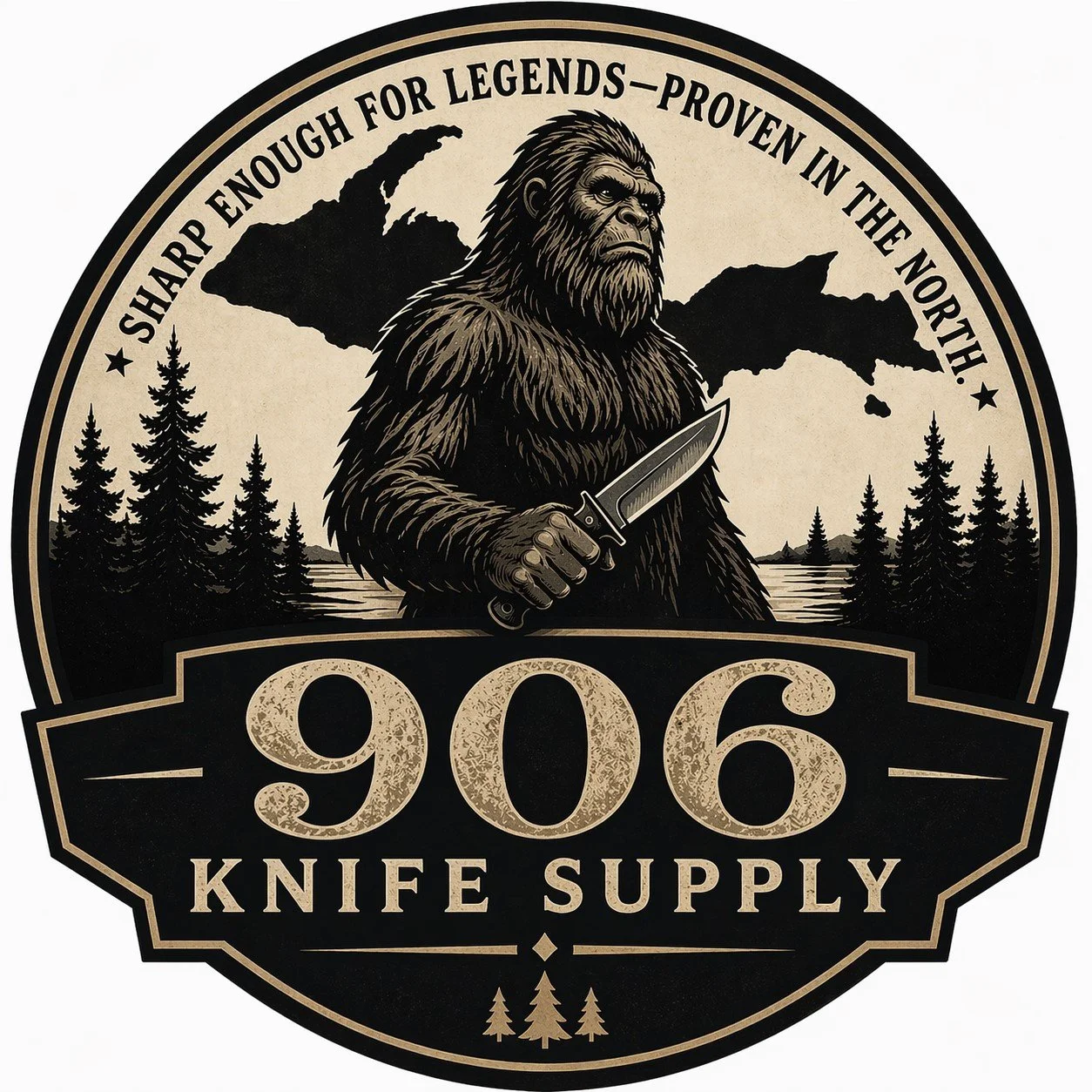 A logo with Bigfoot holding a knife, standing in a forested landscape with a body of water and mountains in the background, featuring the text '906 Knife Supply' and the phrase 'Sharp enough for legends - Proven in the North'.